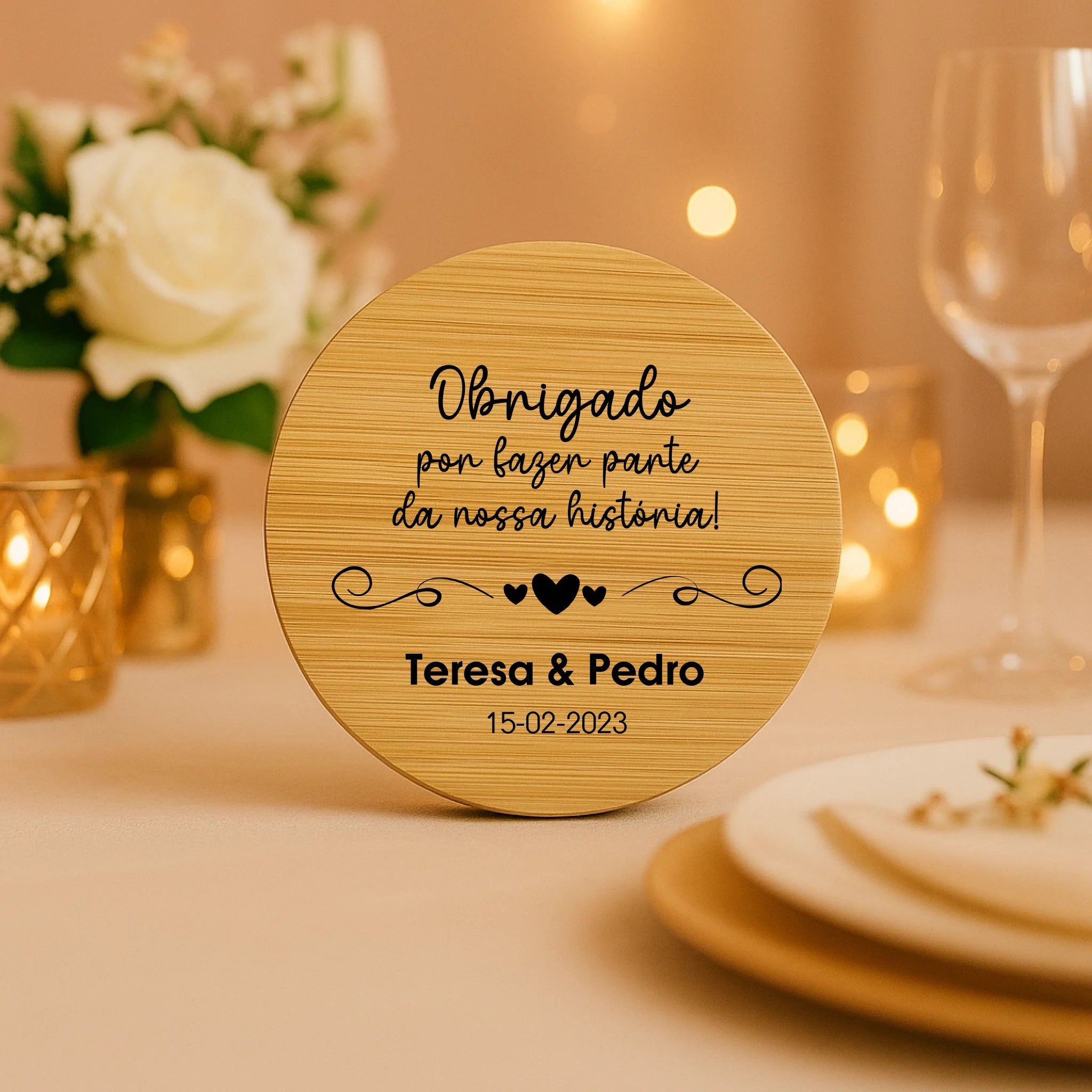 Lembrança Personalizada Descapsulador/ Espelho/ Base para Copos em Bambu - "Obrigado por fazer parte" - Laser Madeira