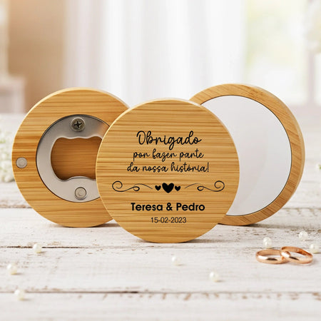Lembrança Personalizada Descapsulador/ Espelho/ Base para Copos em Bambu - "Obrigado por fazer parte" - Laser Madeira