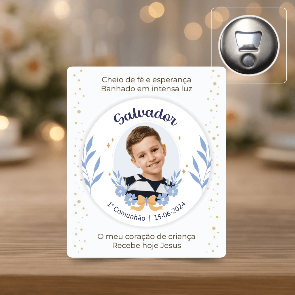 Lembrança Personalizada - Íman, Descapsulador ou Espelho - Azul com Fotografia - Laser Madeira