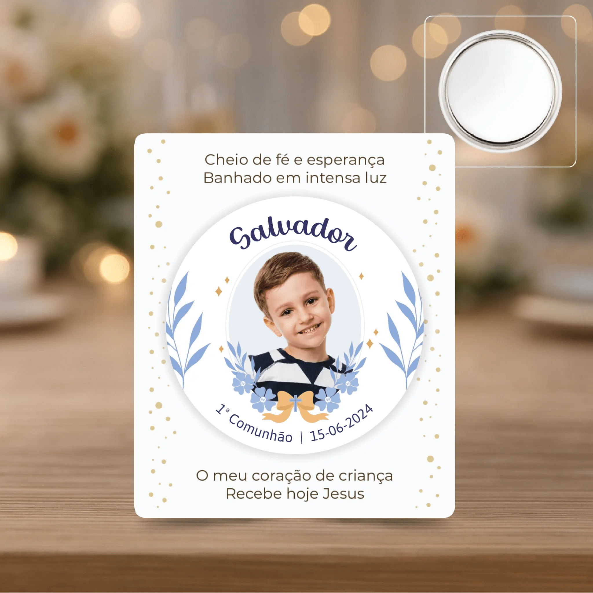 Lembrança Personalizada - Íman, Descapsulador ou Espelho - Azul com Fotografia - Laser Madeira