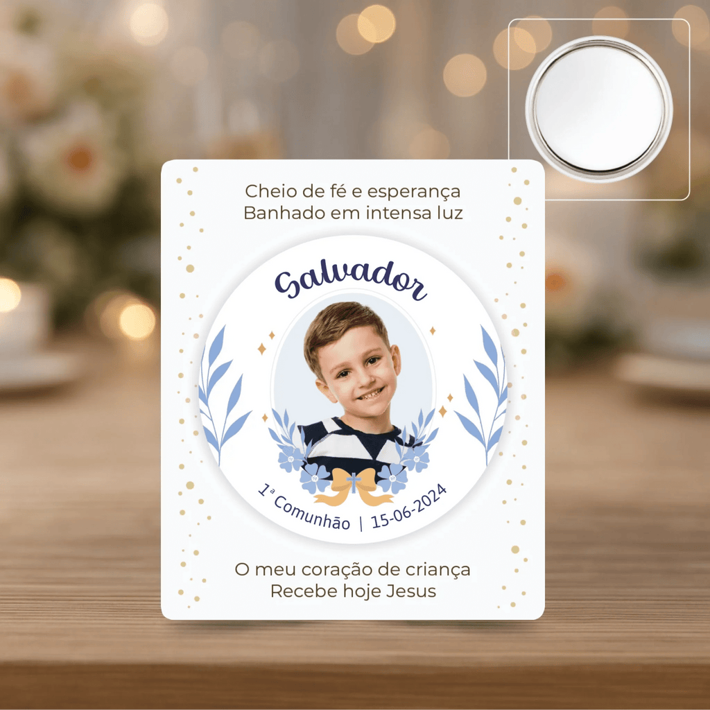 Lembrança Personalizada - Íman, Descapsulador ou Espelho - Azul com Fotografia - Laser Madeira