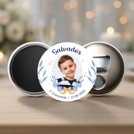 Lembrança Personalizada - Íman, Descapsulador ou Espelho - Azul com Fotografia - Laser Madeira