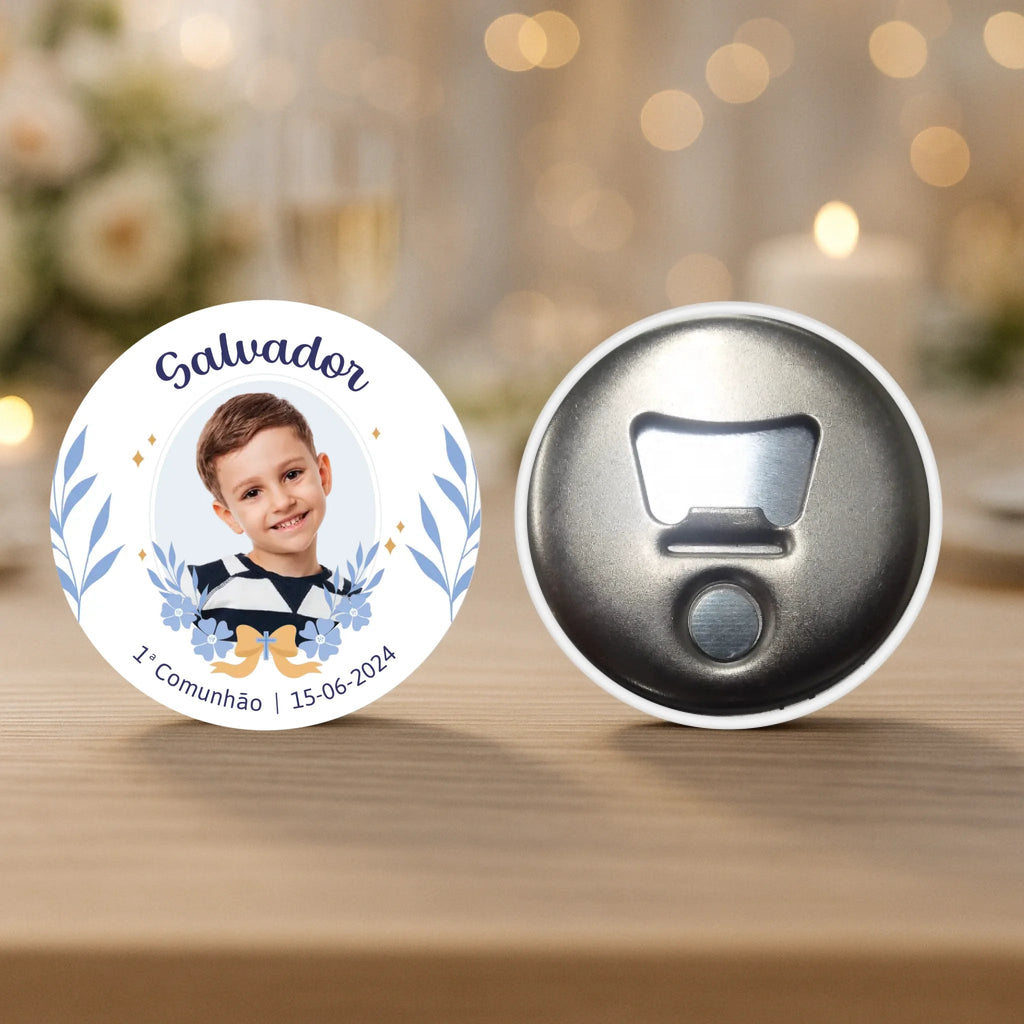 Lembrança Personalizada - Íman, Descapsulador ou Espelho - Azul com Fotografia - Laser Madeira