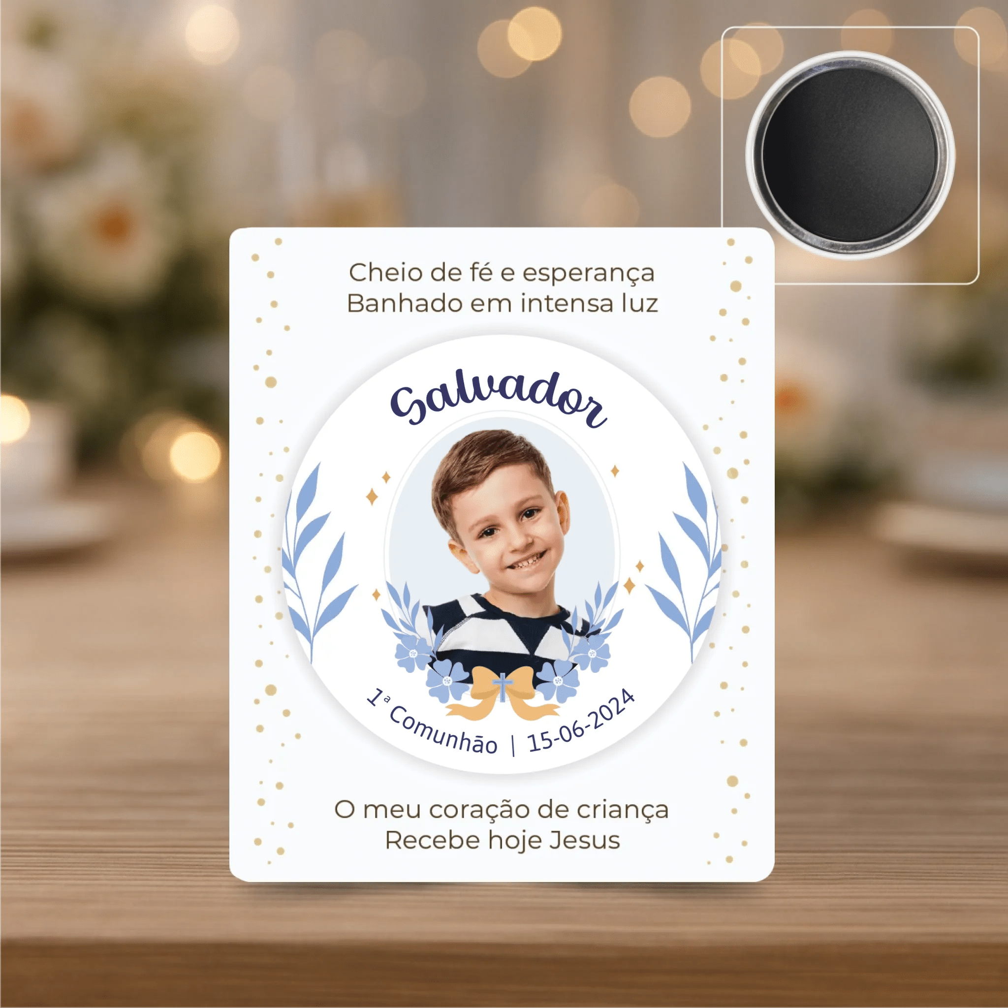 Lembrança Personalizada - Íman, Descapsulador ou Espelho - Azul com Fotografia - Laser Madeira