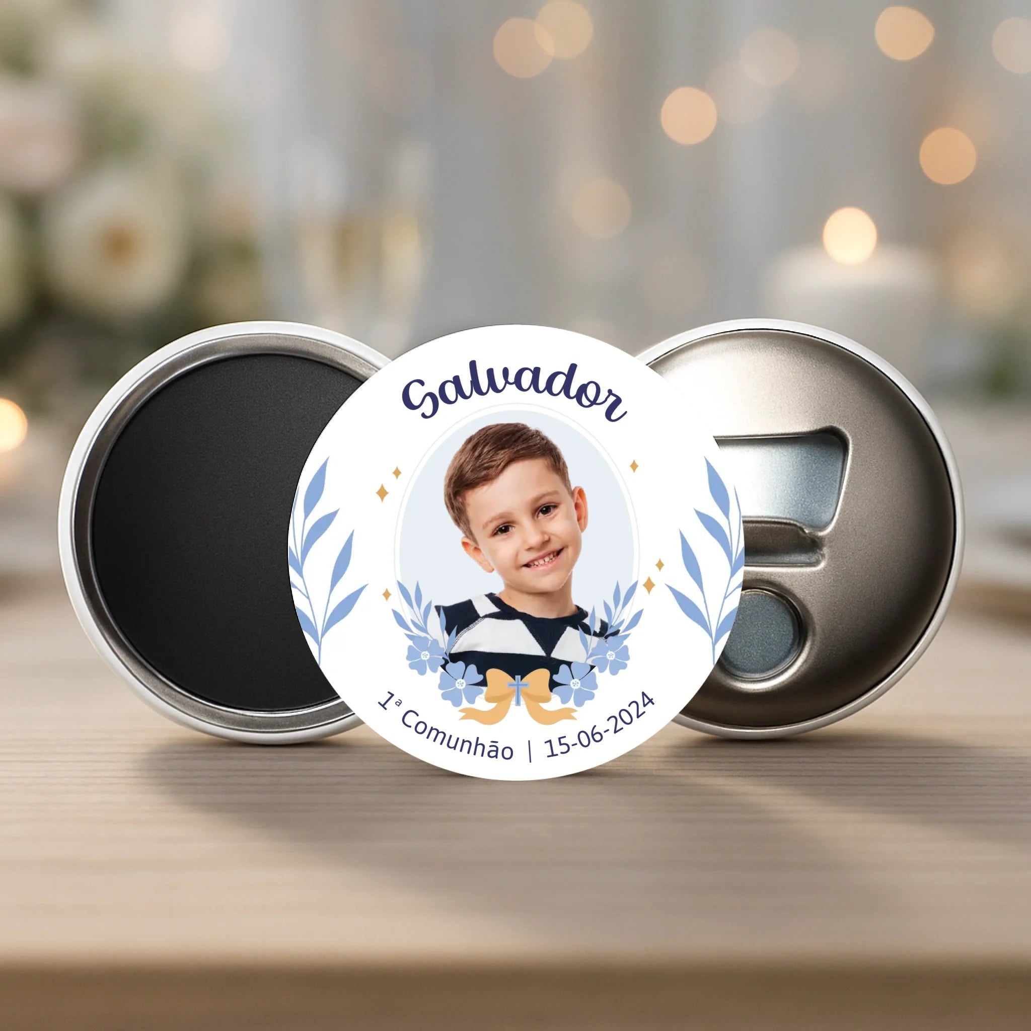 Lembrança Personalizada - Íman, Descapsulador ou Espelho - Azul com Fotografia - Laser Madeira