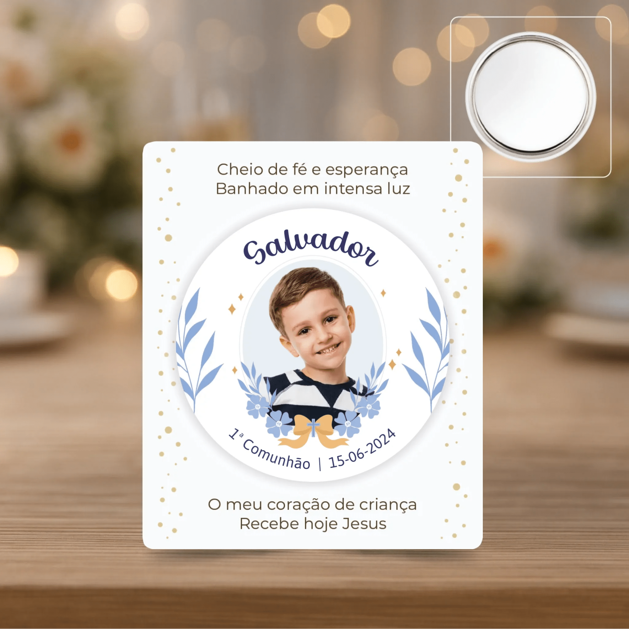 Lembrança Personalizada - Íman, Descapsulador ou Espelho - Azul com Fotografia - Laser Madeira