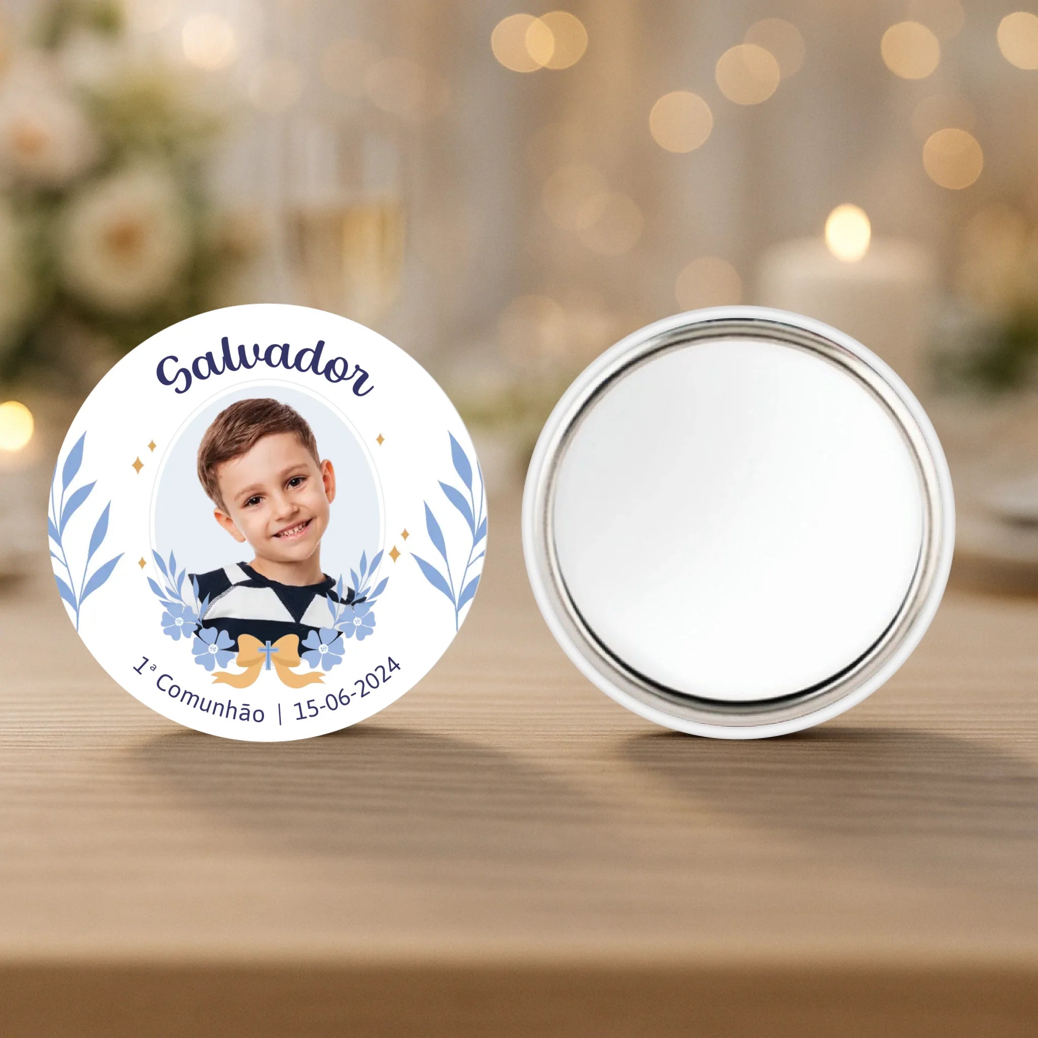 Lembrança Personalizada - Íman, Descapsulador ou Espelho - Azul com Fotografia - Laser Madeira