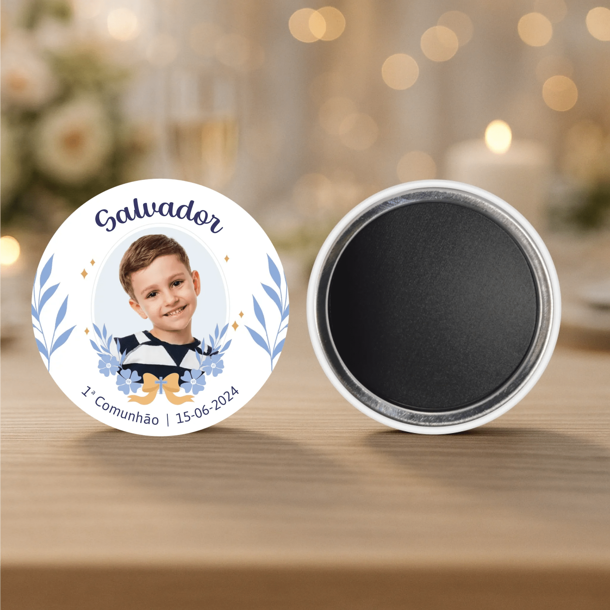 Lembrança Personalizada - Íman, Descapsulador ou Espelho - Azul com Fotografia - Laser Madeira