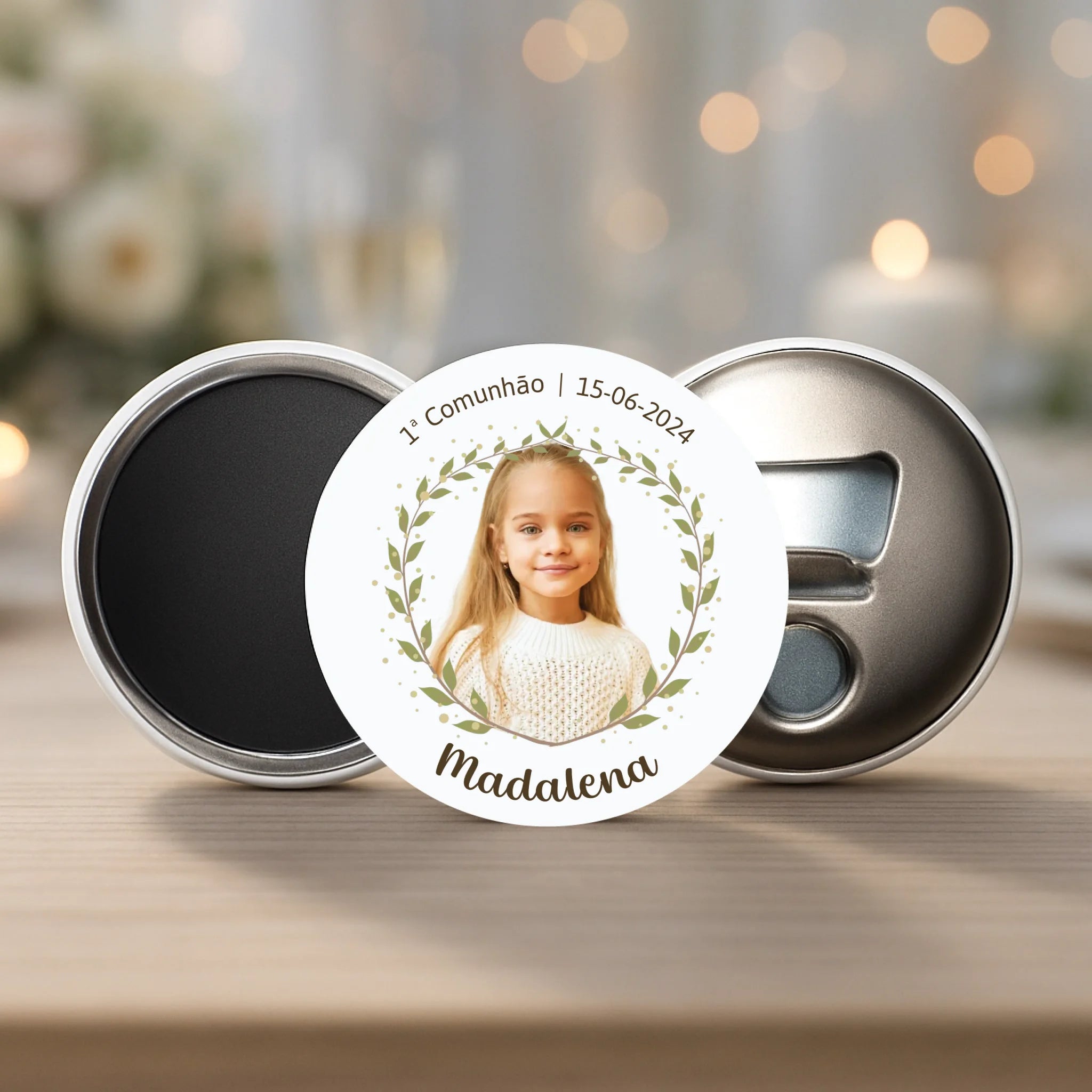 Lembrança Personalizada - Íman, Descapsulador ou Espelho - Floral com Fotografia - Laser Madeira