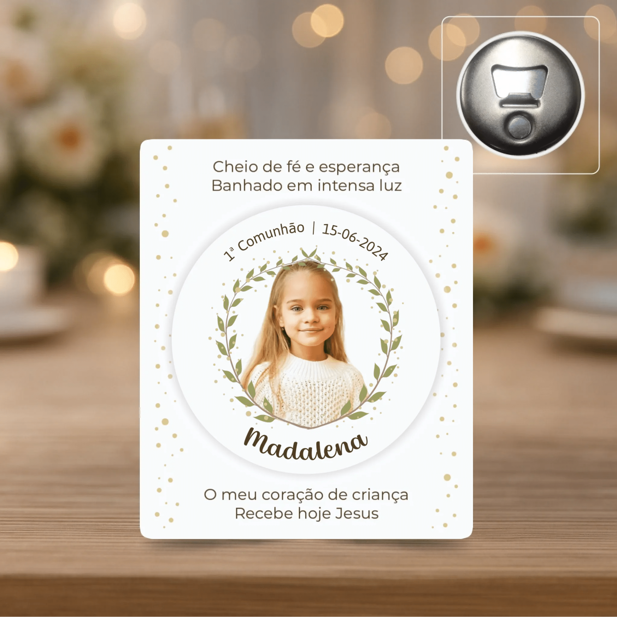 Lembrança Personalizada - Íman, Descapsulador ou Espelho - Floral com Fotografia - Laser Madeira