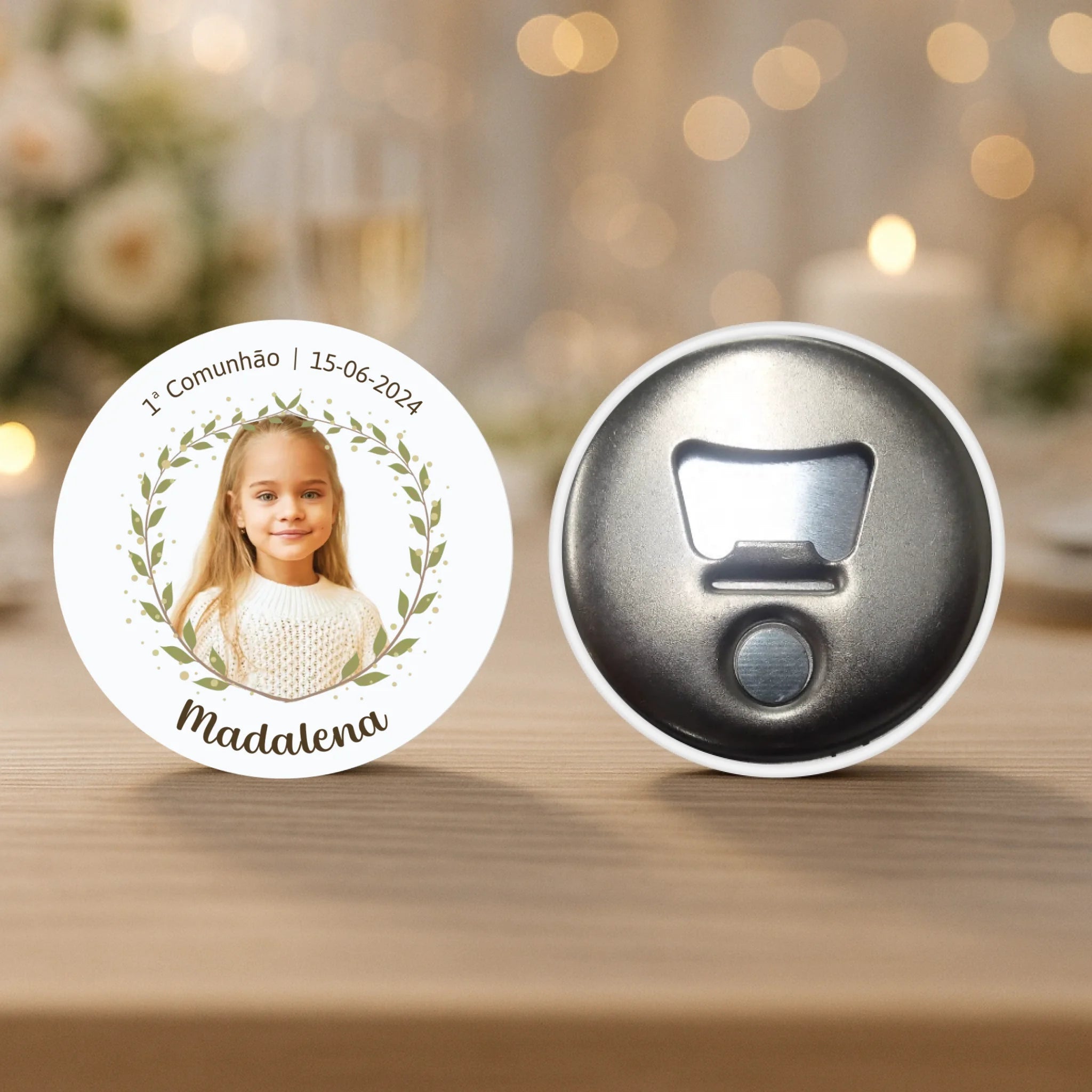 Lembrança Personalizada - Íman, Descapsulador ou Espelho - Floral com Fotografia - Laser Madeira