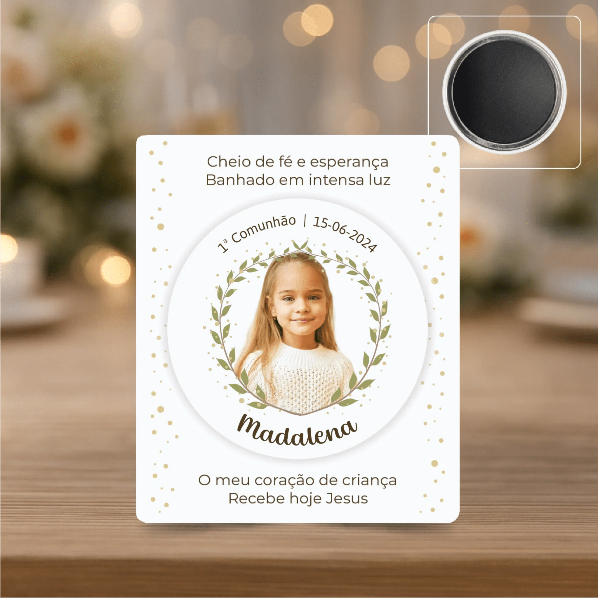 Lembrança Personalizada - Íman, Descapsulador ou Espelho - Floral com Fotografia - Laser Madeira
