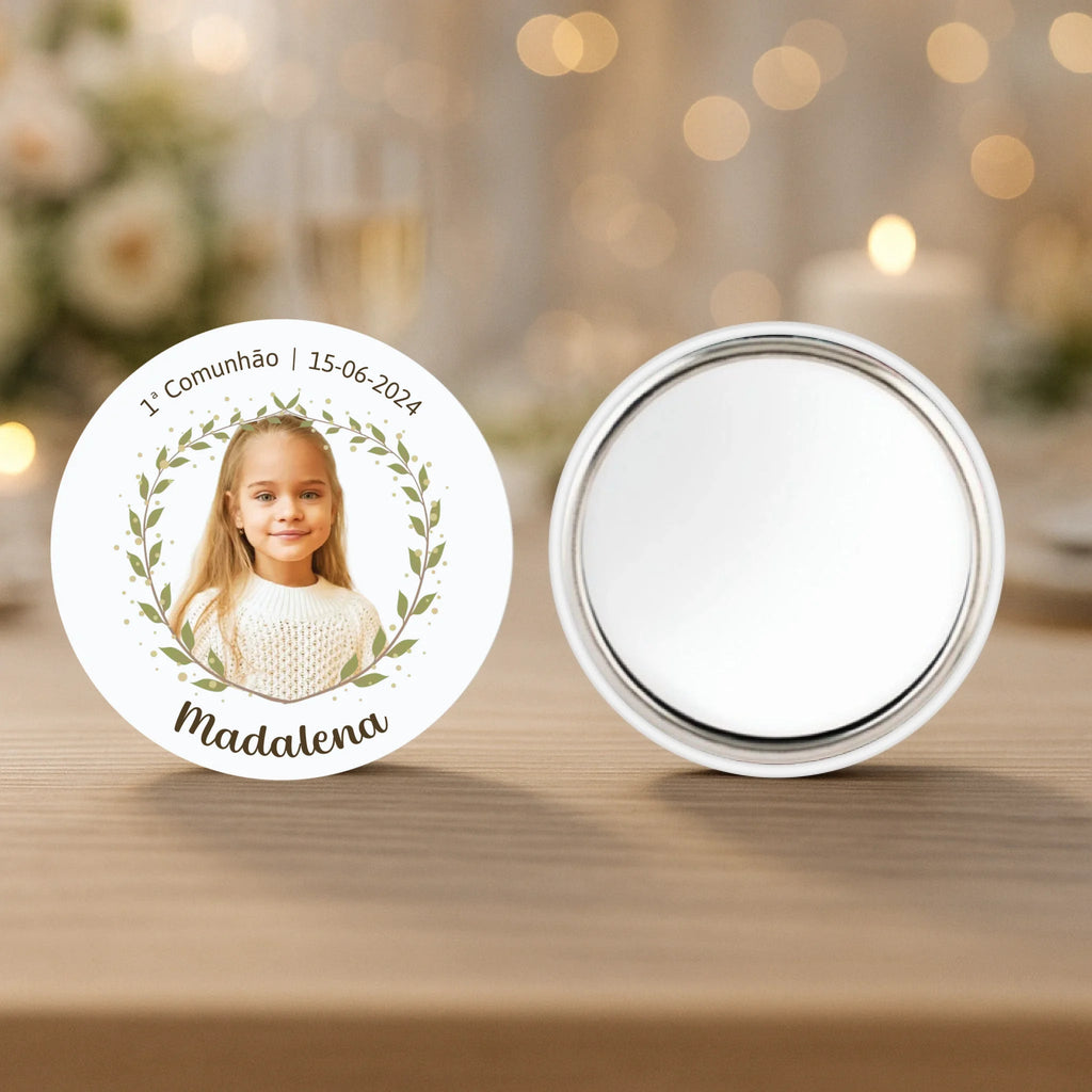 Lembrança Personalizada - Íman, Descapsulador ou Espelho - Floral com Fotografia - Laser Madeira