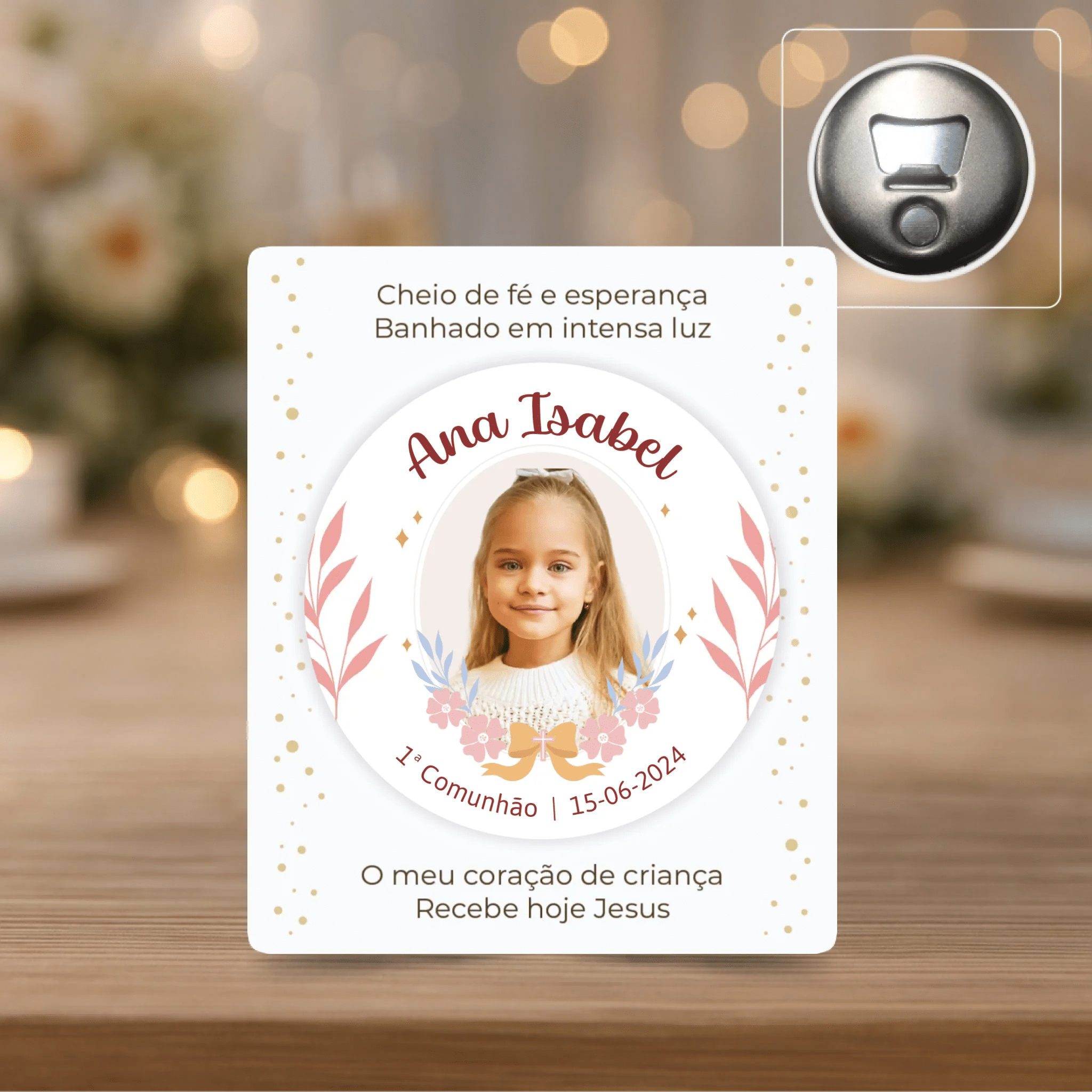 Lembrança Personalizada - Íman, Descapsulador ou Espelho - Rosa com Fotografia - Laser Madeira