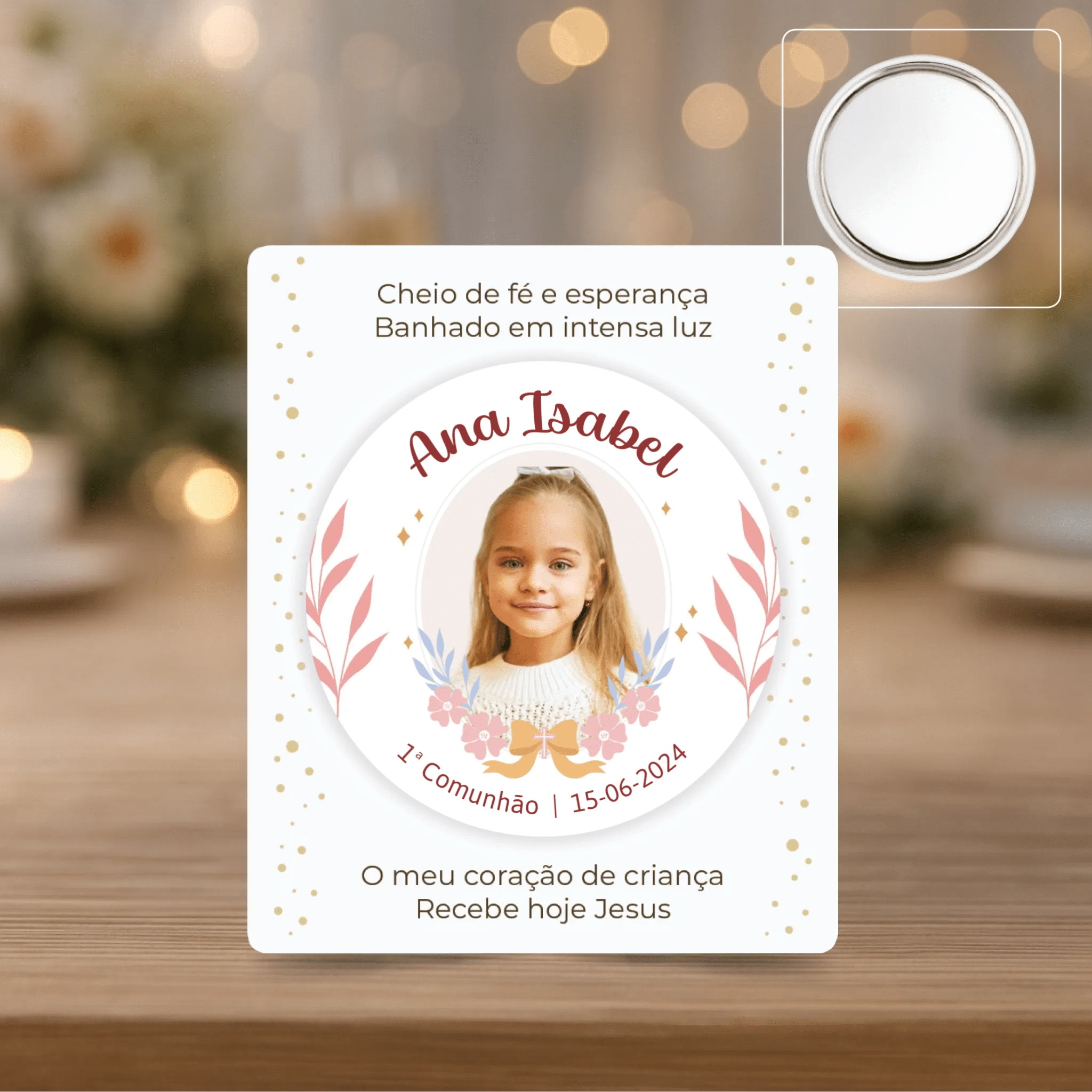 Lembrança Personalizada - Íman, Descapsulador ou Espelho - Rosa com Fotografia - Laser Madeira