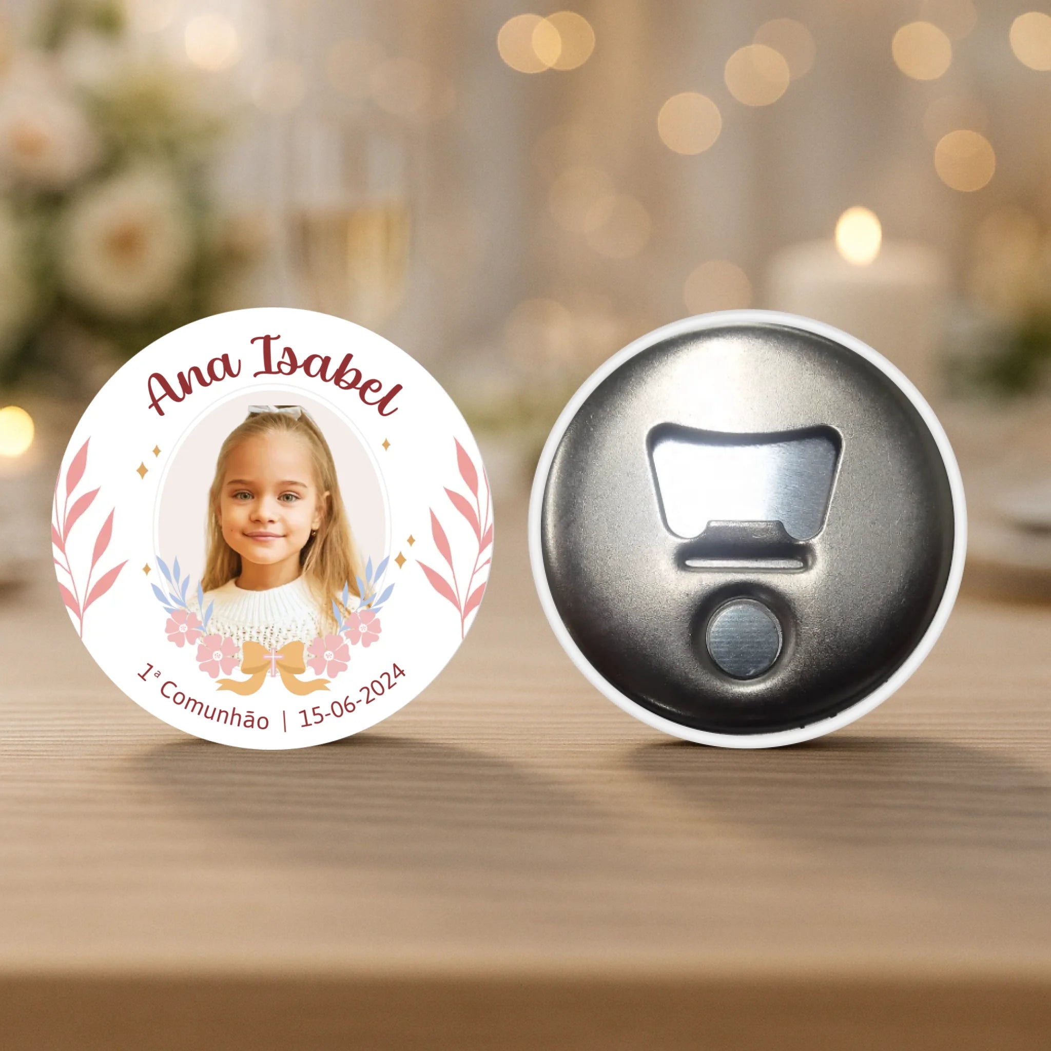 Lembrança Personalizada - Íman, Descapsulador ou Espelho - Rosa com Fotografia - Laser Madeira