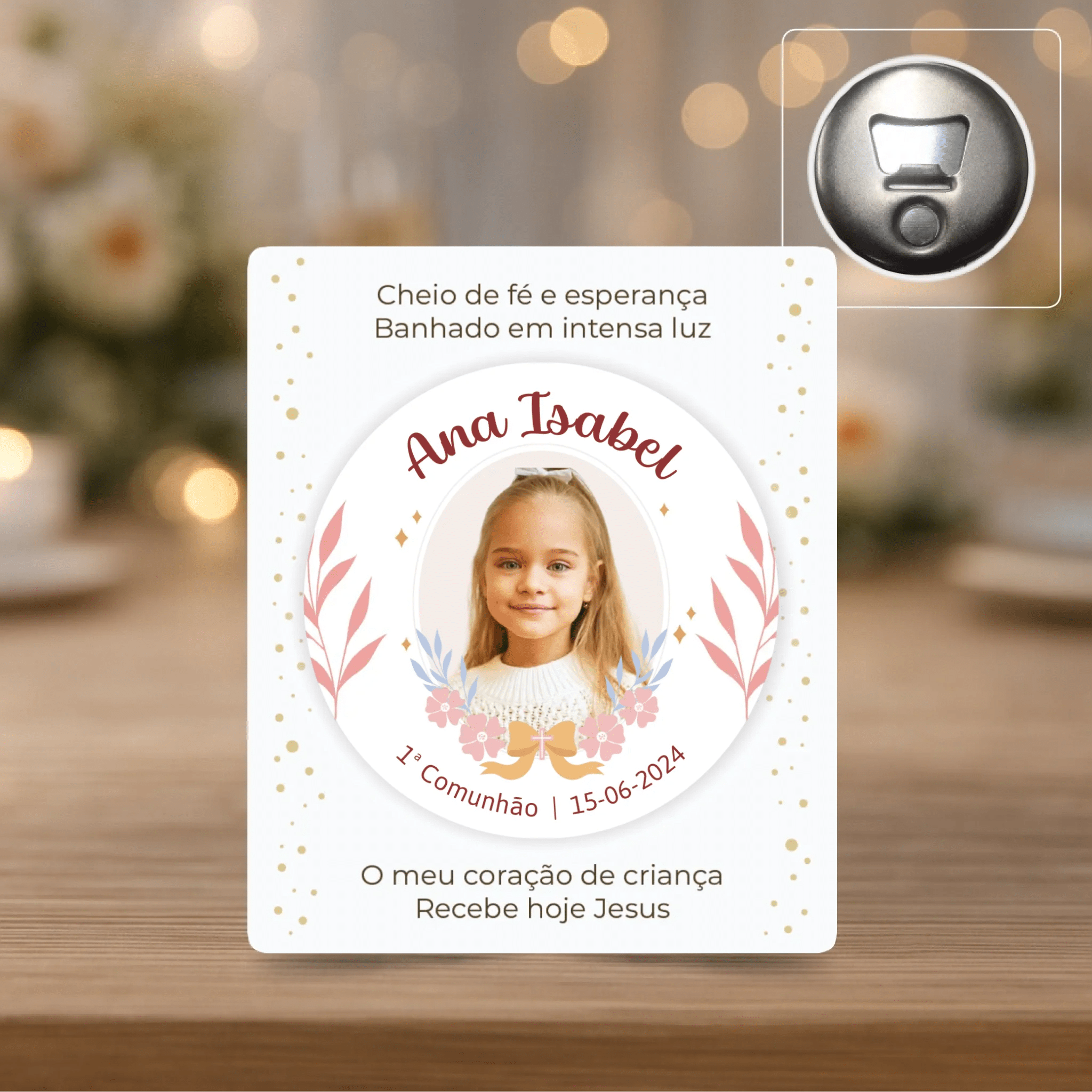 Lembrança Personalizada - Íman, Descapsulador ou Espelho - Rosa com Fotografia - Laser Madeira