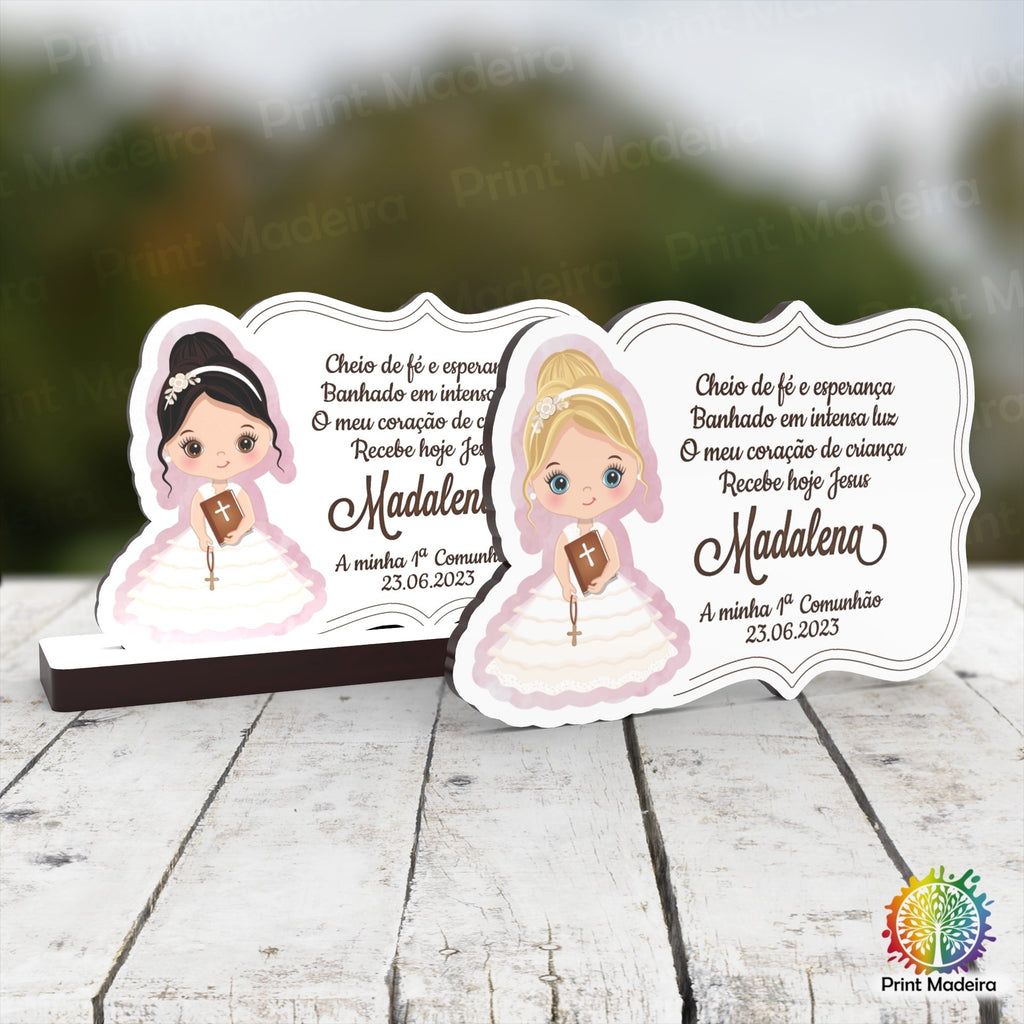Lembrança Primeira Comunhão / Profissão de Fé / Crisma - Menina com Mensagem UV - Iman ou base - Laser Madeira