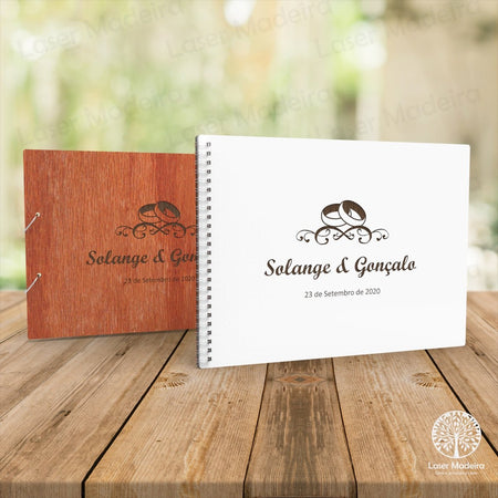 Livro de Honra Personalizado com Alianças - Tamanho A4 - para Casamento - Laser Madeira