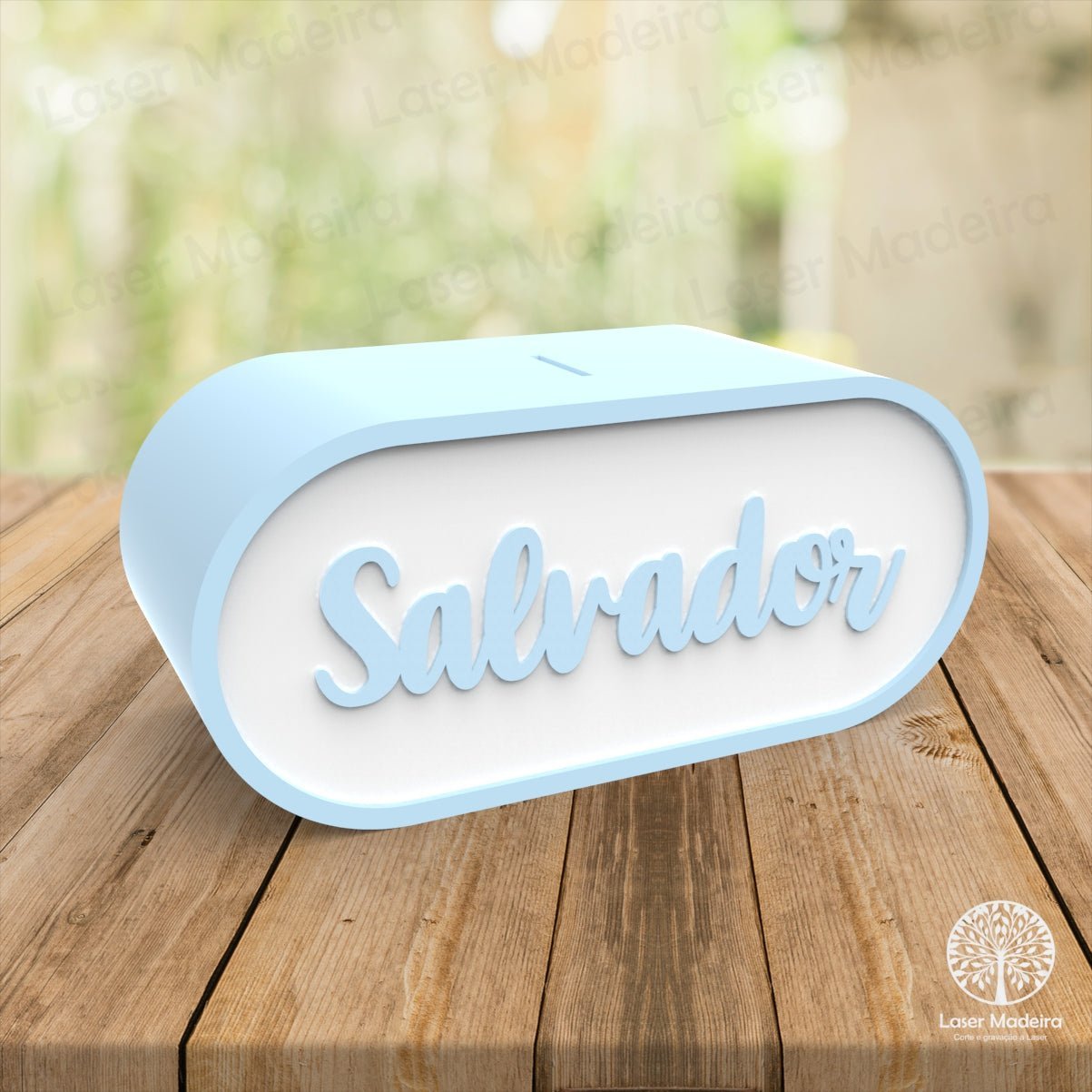Mealheiro Retângulo Arredondado Personalizado com Nome em 3D - Laser Madeira