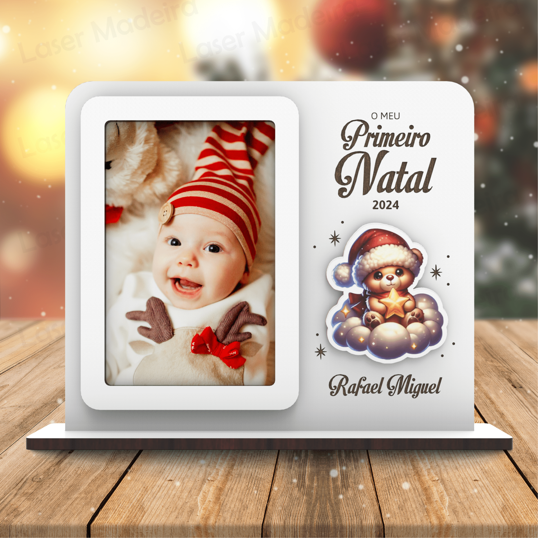Moldura de Natal - Ursinho de Natal na Nuvem - Laser Madeira