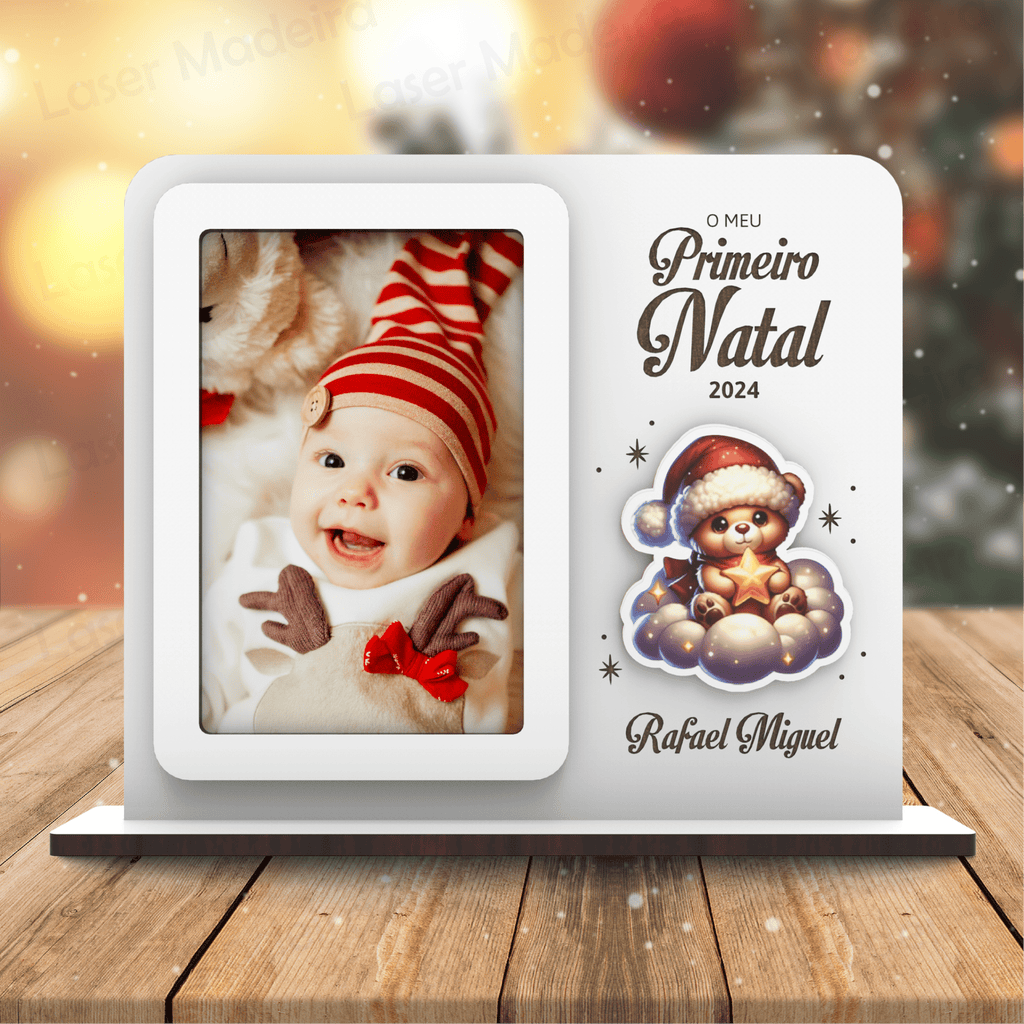 Moldura de Natal - Ursinho de Natal na Nuvem - Laser Madeira