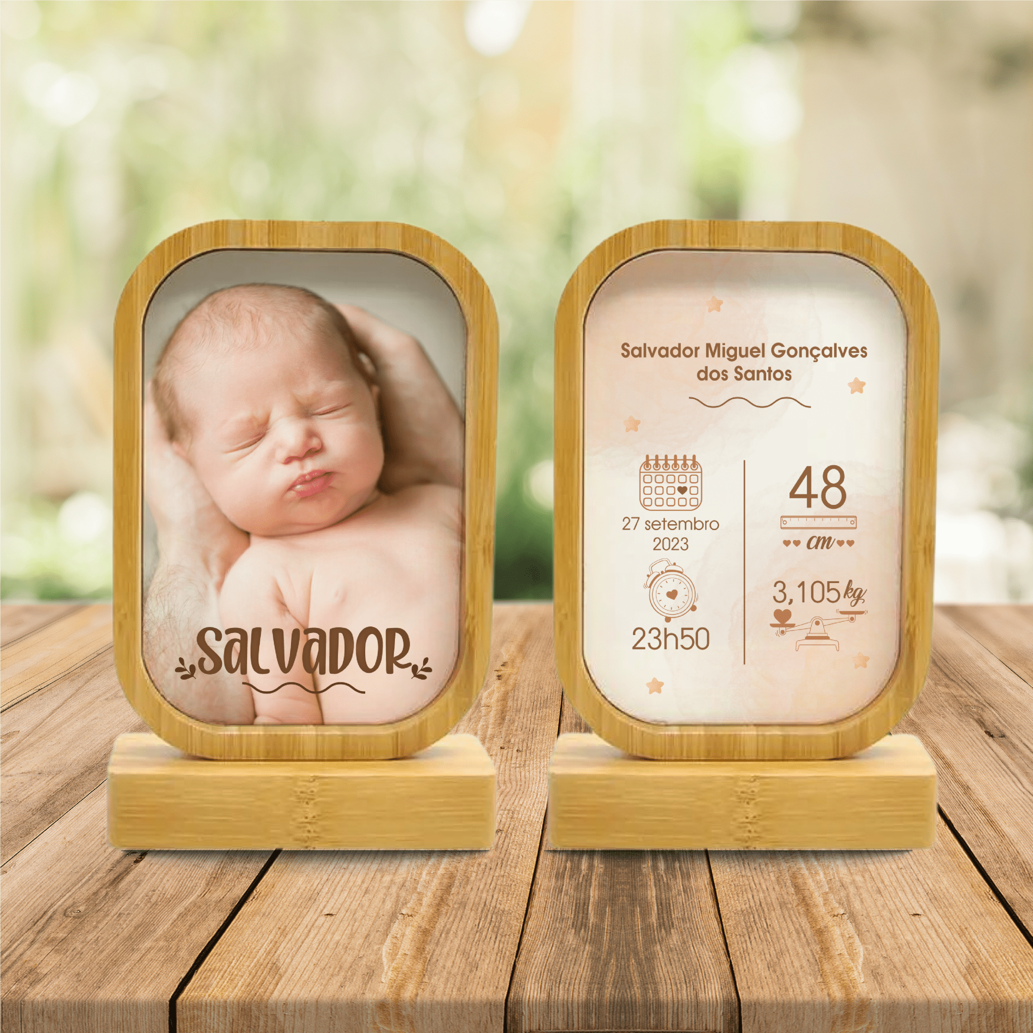 Moldura Magnética/Rotativa em Bambu Retangular - com Fotografia e Dados de Nascimento - Laser Madeira
