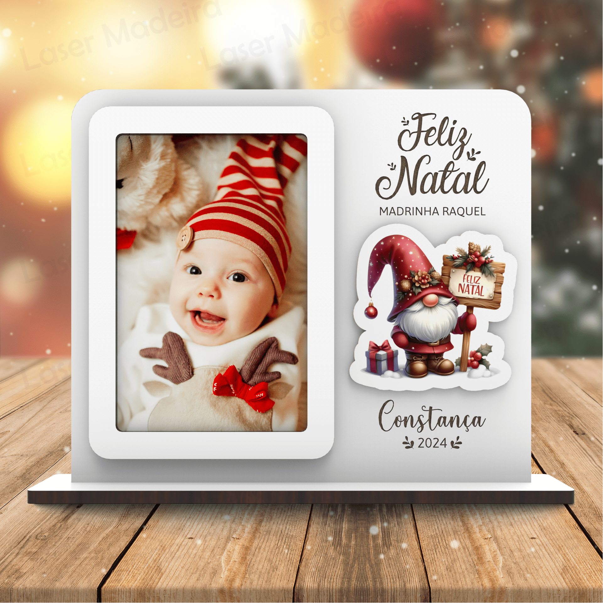 Moldura Personalizada com Gnomo de Natal - Modelo 2 - Laser Madeira