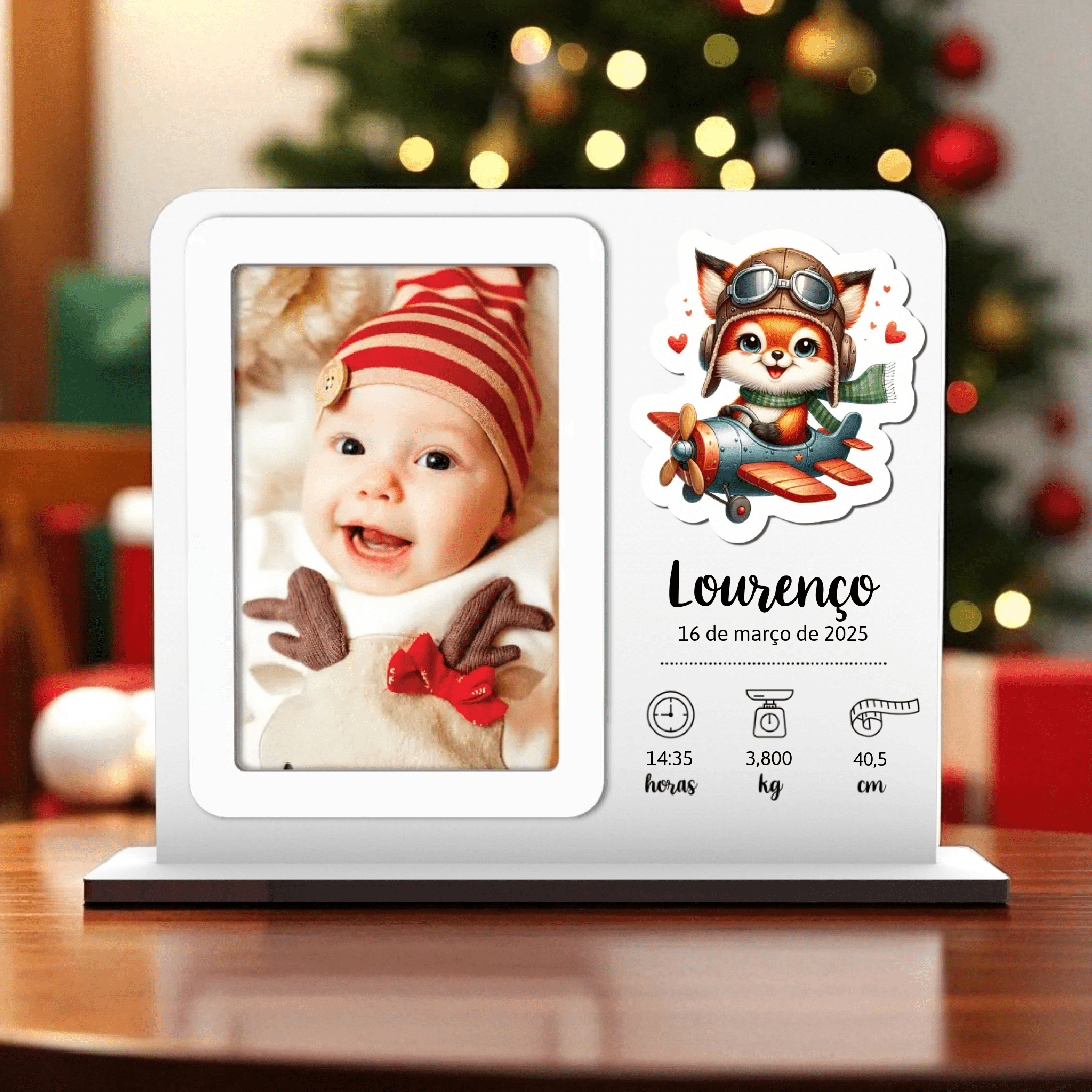 Moldura Personalizada Dados de Nascimento - Animais avião ou com opção de aplique com o seu Desenho/Imagem | Pré - visualização em Tempo Real - Laser Madeira