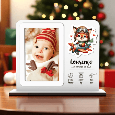 Moldura Personalizada Dados de Nascimento - Animais avião ou com opção de aplique com o seu Desenho/Imagem | Pré - visualização em Tempo Real - Laser Madeira