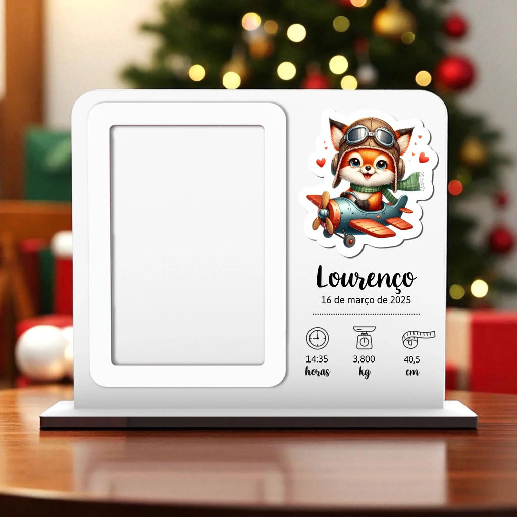 Moldura Personalizada Dados de Nascimento - Animais avião ou com opção de aplique com o seu Desenho/Imagem | Pré - visualização em Tempo Real - Laser Madeira