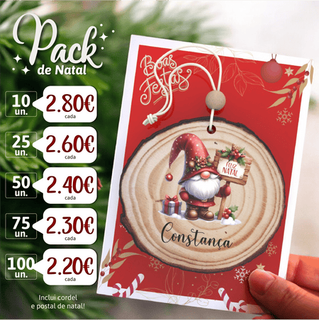 PACK - Bola Tronco de Árvore Personalizada com Gnomo de Natal - Modelo 2 - Laser Madeira