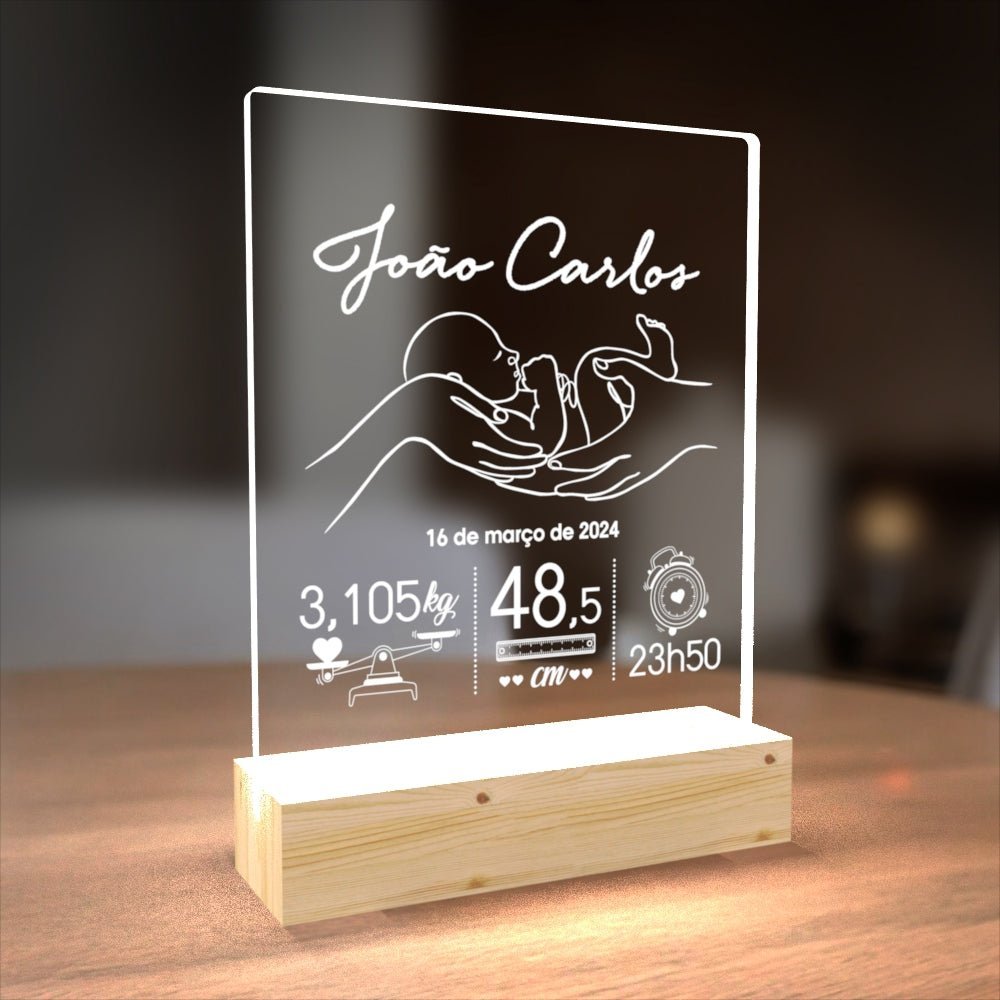 Placa com Luz LED Personalizada Bebe e Dados de Nascimento (15cm) - Laser Madeira