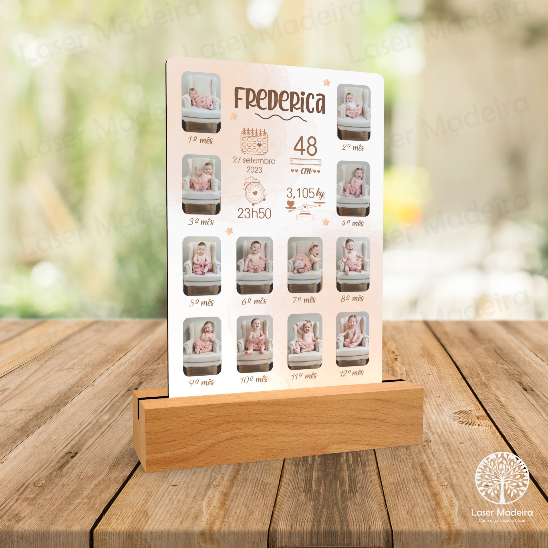 Placa Personalizada com Dados de Nascimento - 12 fotos - Laser Madeira