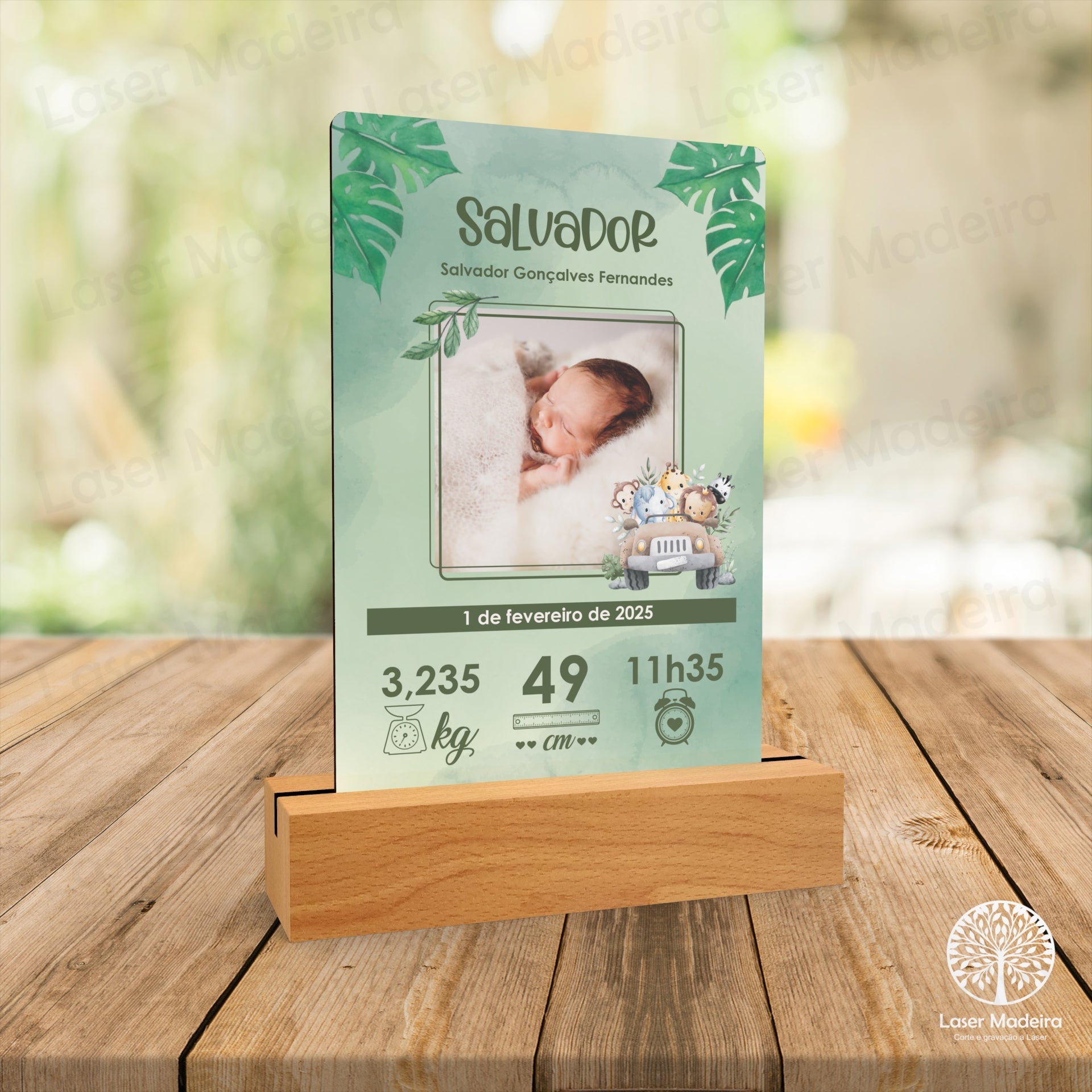 Placa Personalizada com Dados de Nascimento - Animais da Selva - Laser Madeira
