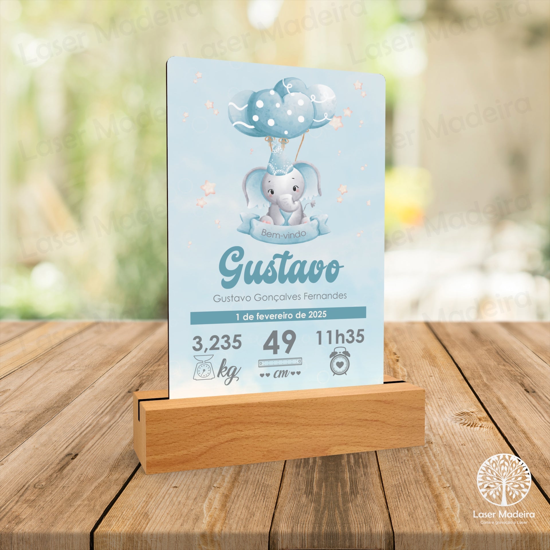 Placa Personalizada com Dados de Nascimento - Elefante Azul - Laser Madeira