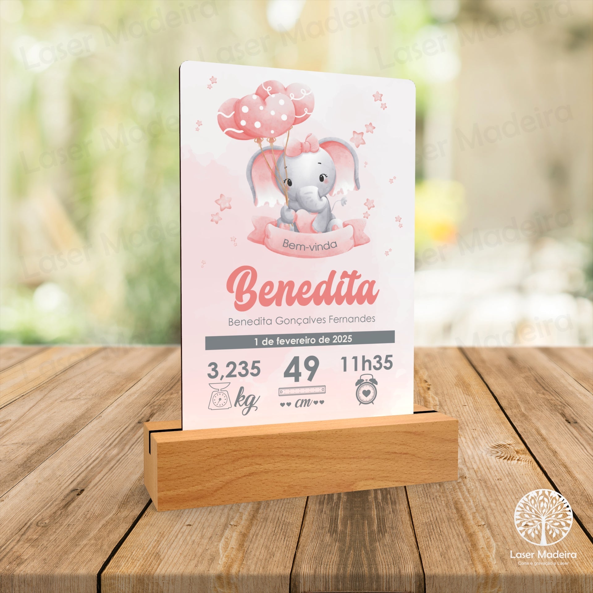 Placa Personalizada com Dados de Nascimento - Elefante Rosa - Laser Madeira