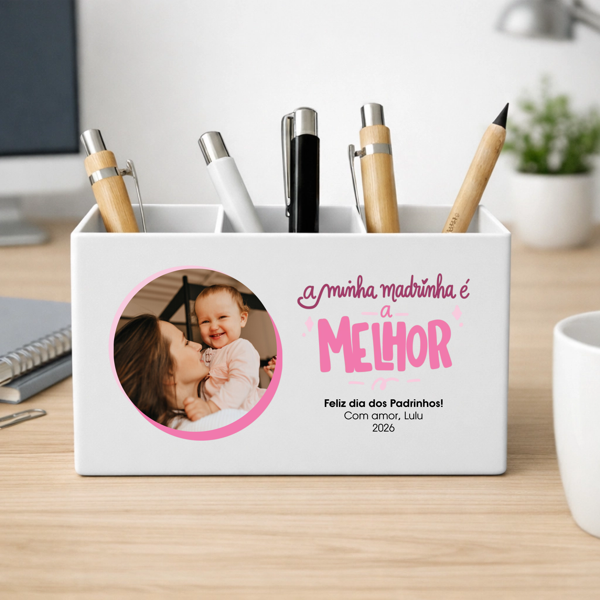 Porta Lápis Personalizado com Fotografia - Pai, Mãe, Padrinho e Madrinha - Laser Madeira