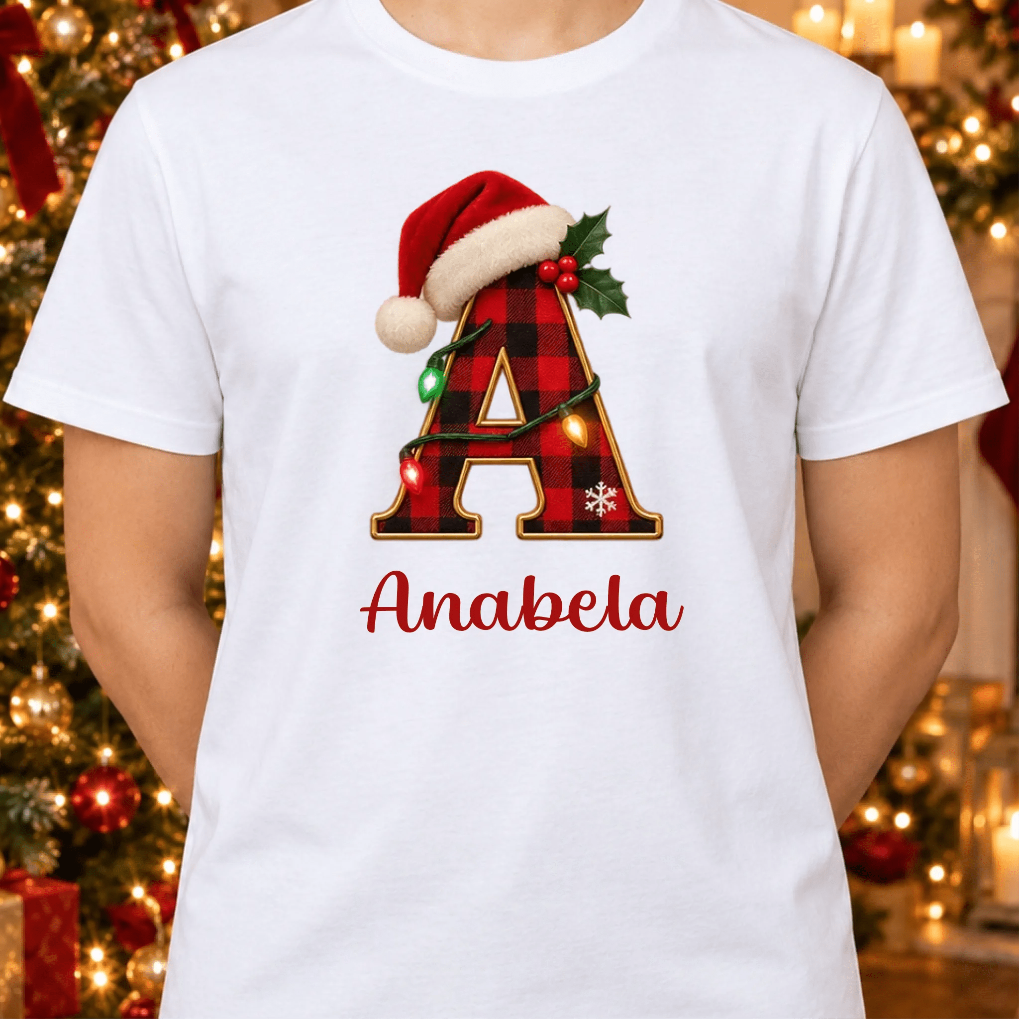 T-Shirt com Inicial de Natal e nome personalizado - Laser Madeira