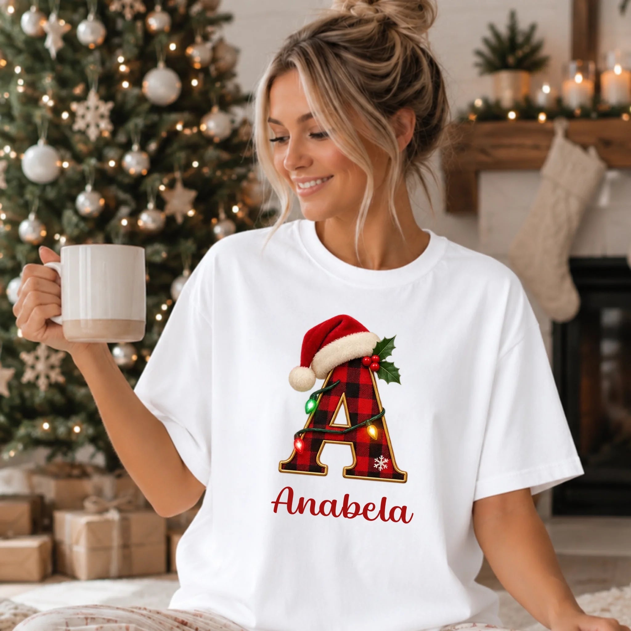 T-Shirt com Inicial de Natal e nome personalizado - Laser Madeira