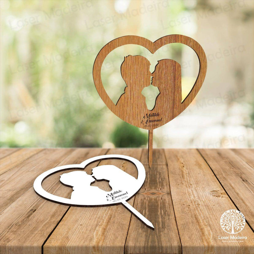 Topo de Bolo Casamento - Modelo Coração 2 - Laser Madeira