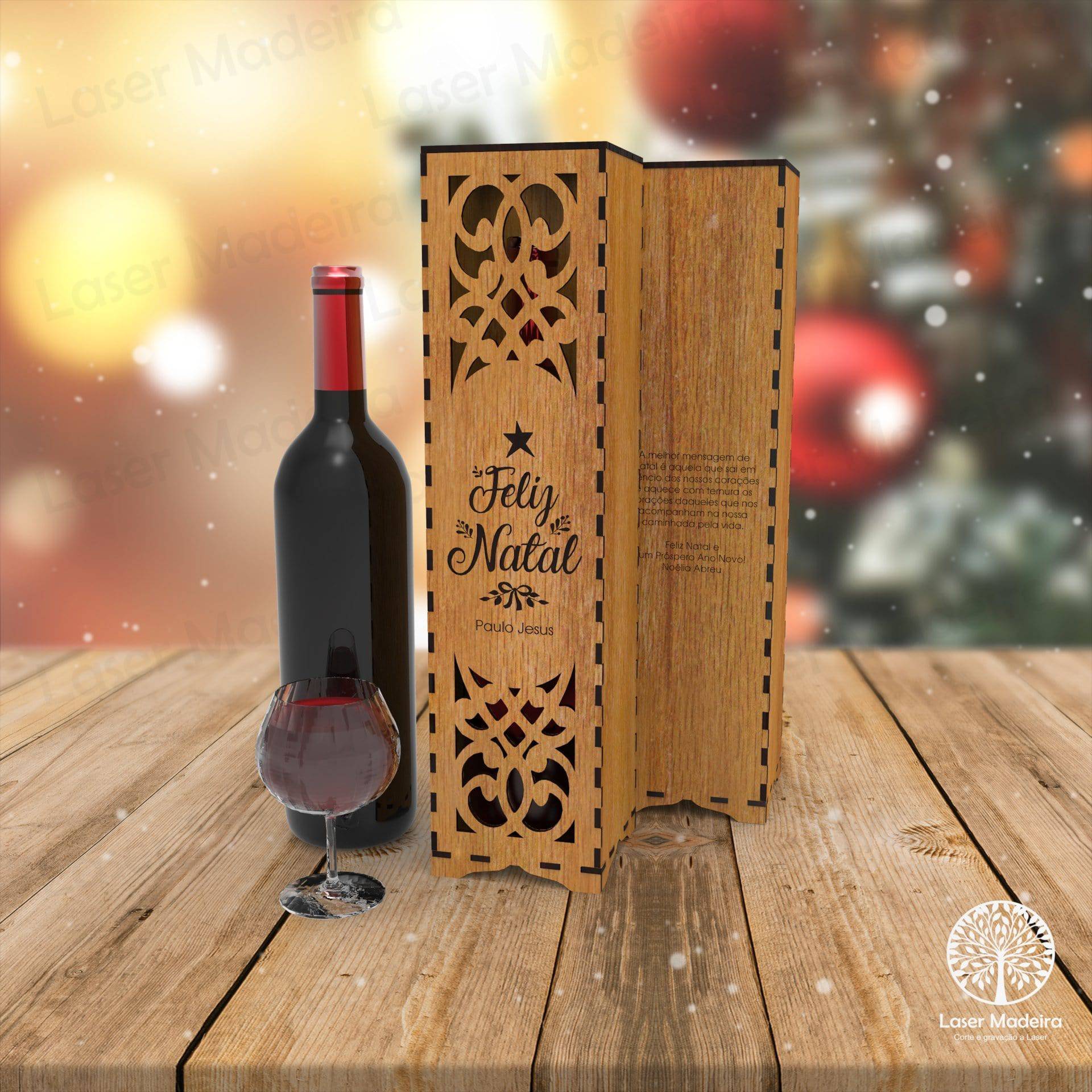 Caixa de Vinho Personalizada para Natal - Modelo 2 - Laser Madeira