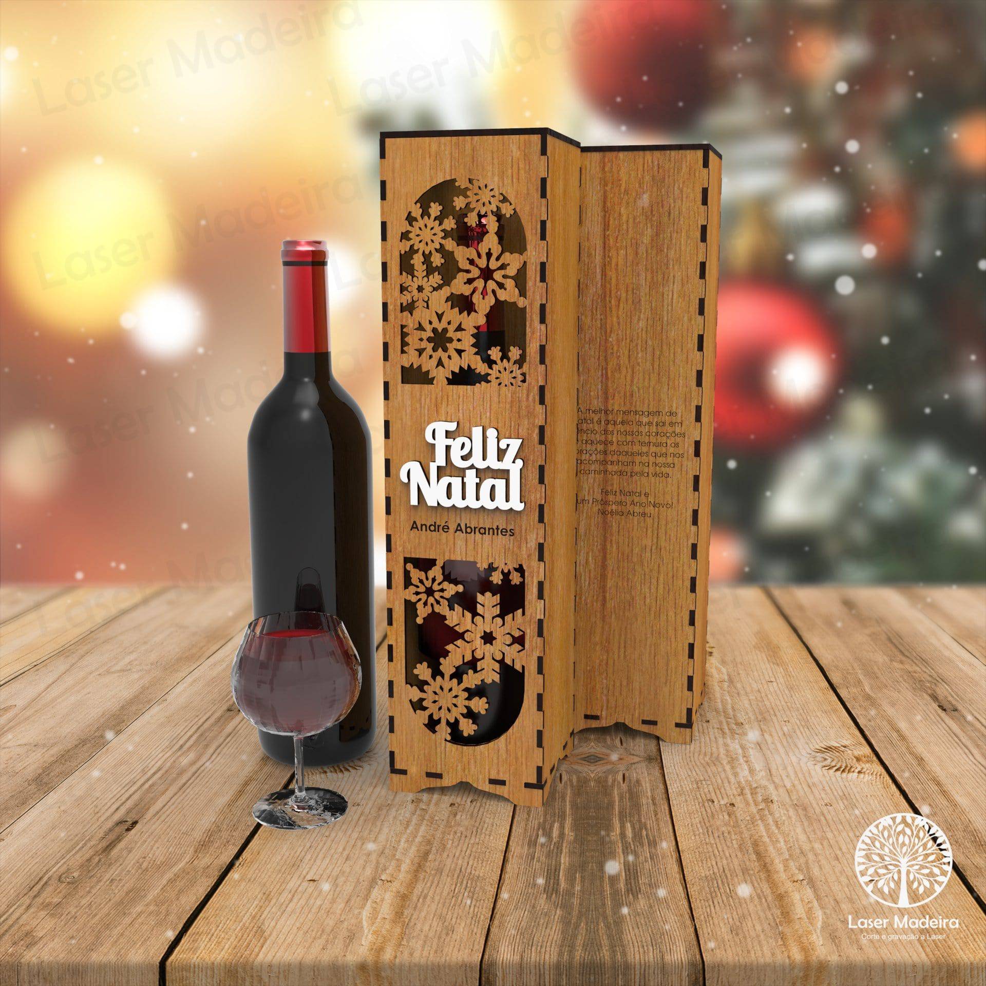 Caixa de Vinho Personalizada para Natal - Modelo 3 - Laser Madeira