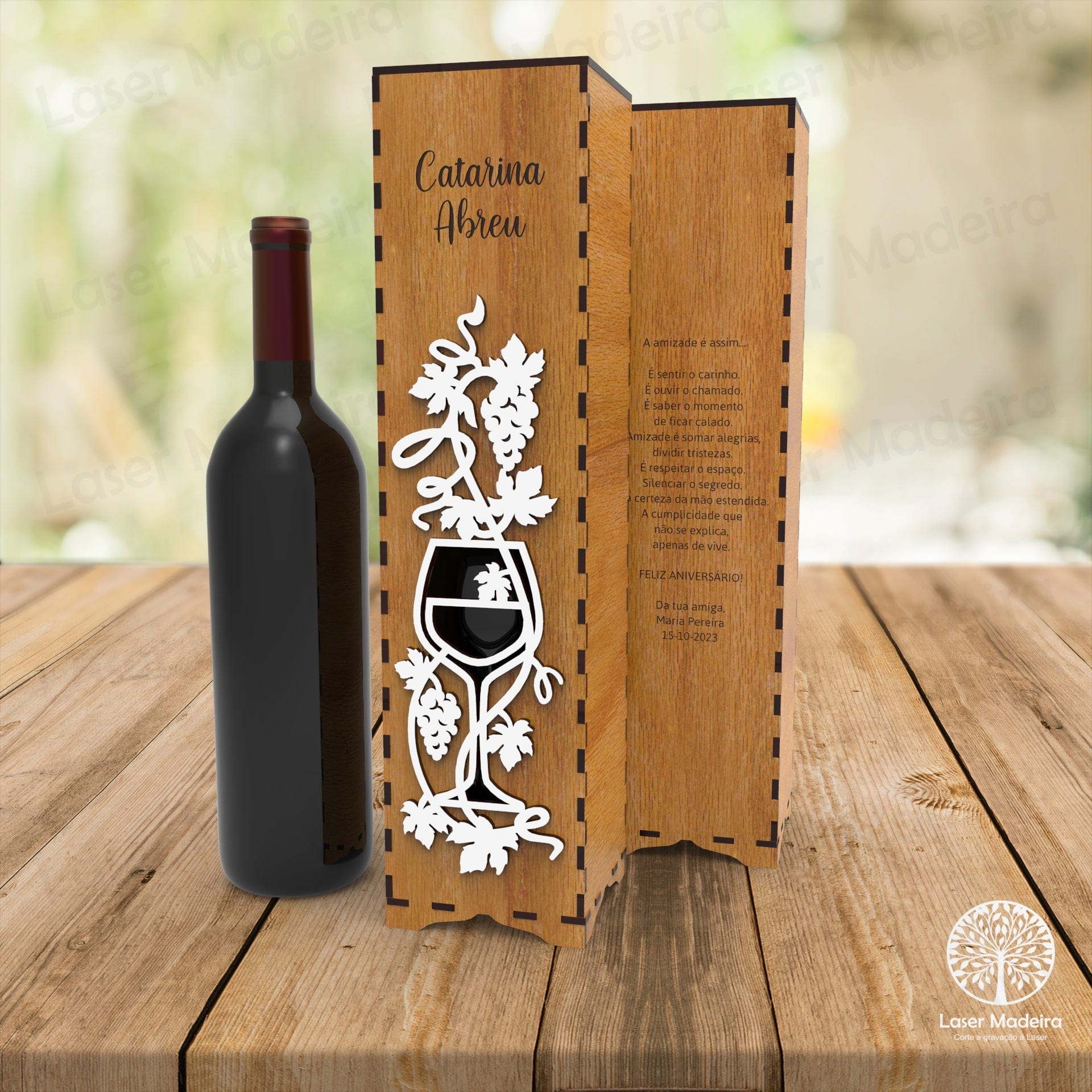 Caixa para Garrafa de Vinho Personalizada com aplique Copo - Laser Madeira