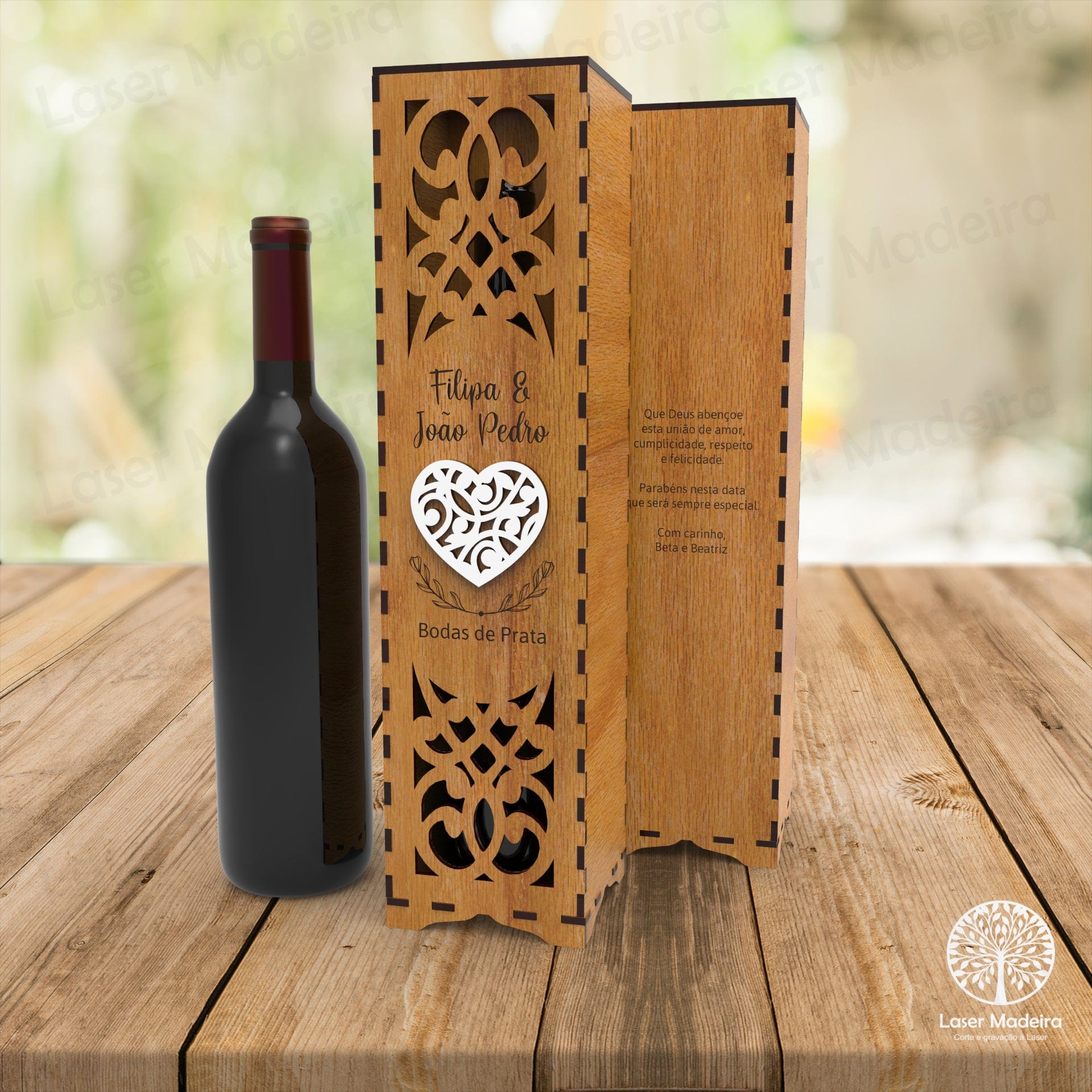 Caixa para Garrafa de Vinho Personalizada com aplique Coração - Laser Madeira