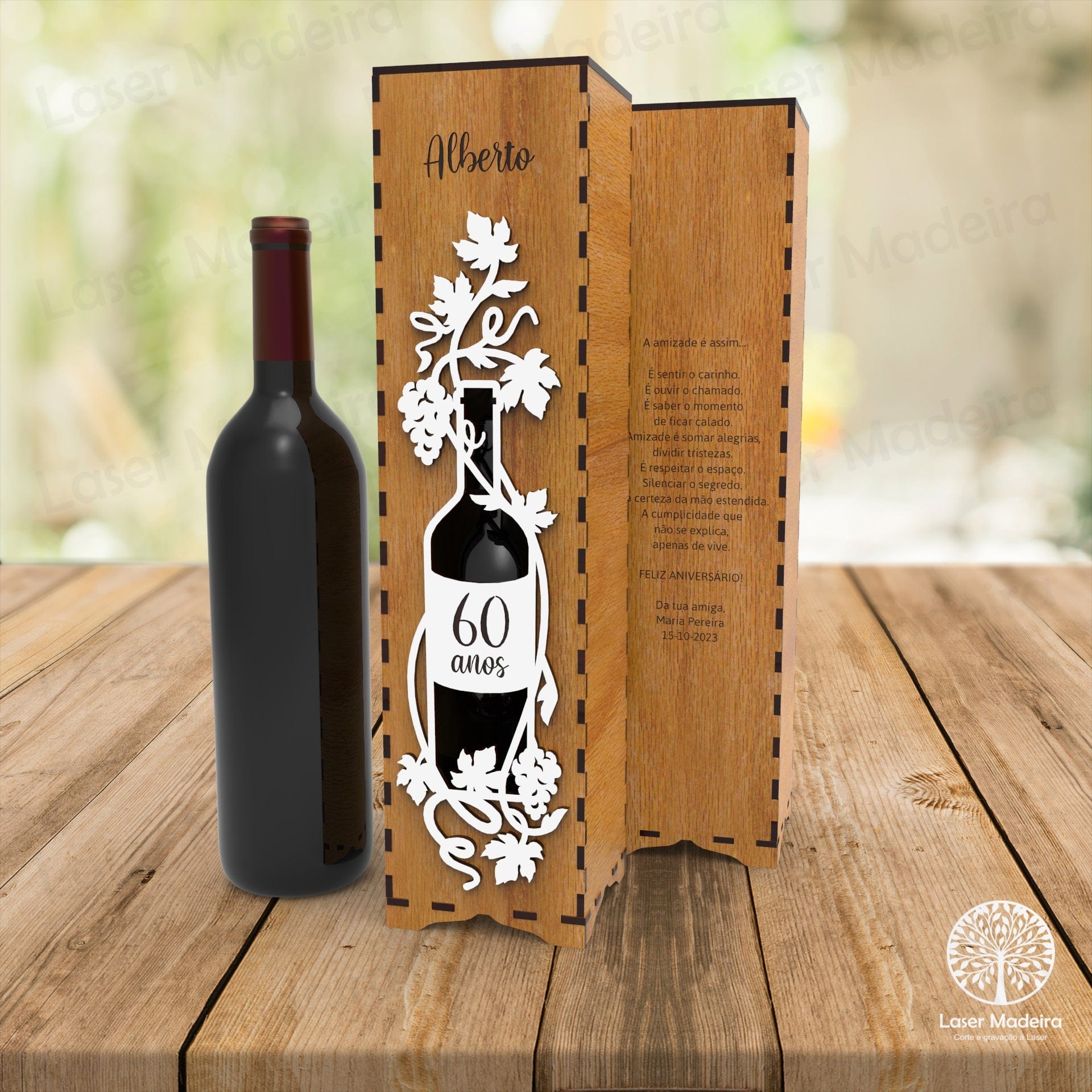 Caixa para Garrafa de Vinho Personalizada com aplique Garrafa - Laser Madeira