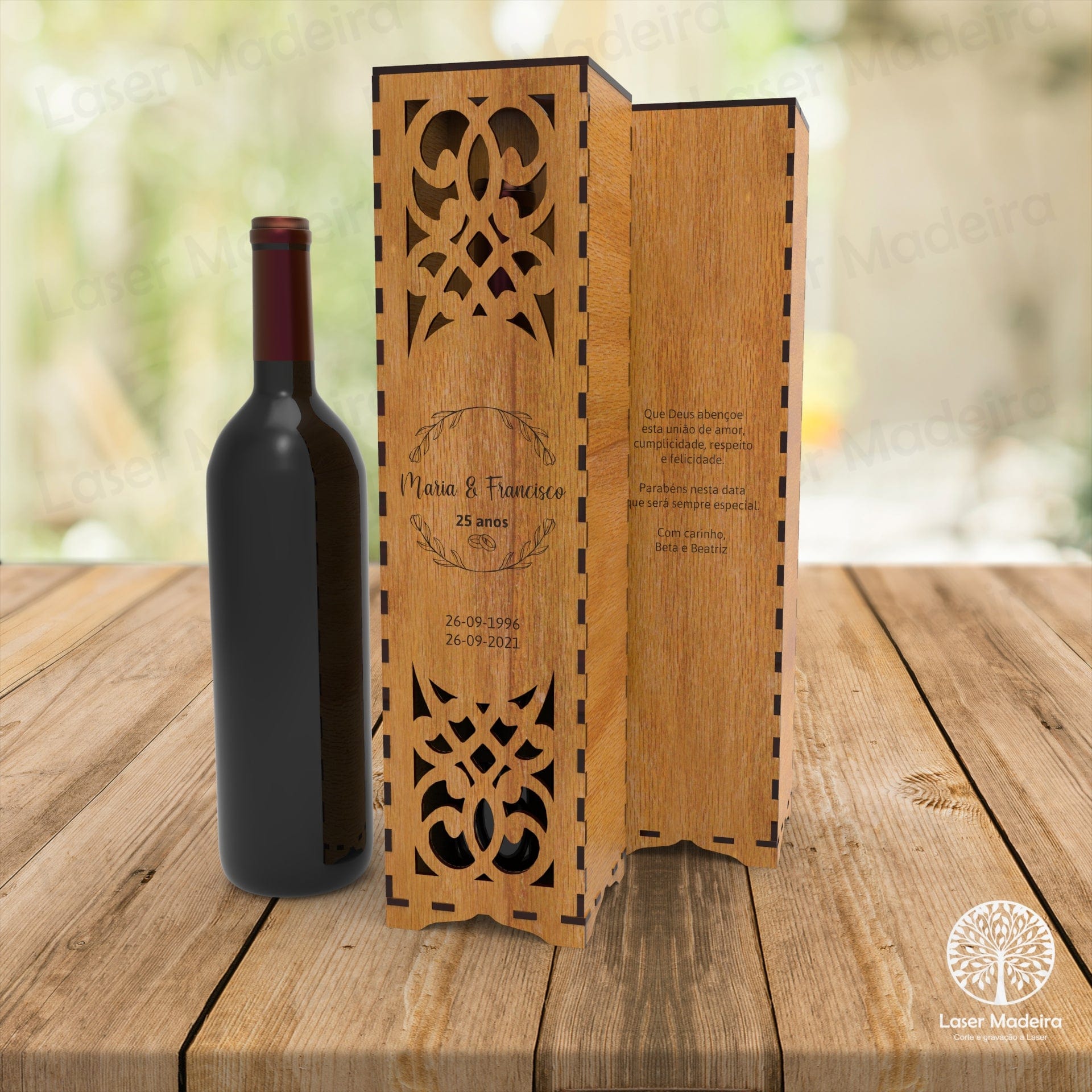 Caixa para Garrafa de Vinho Personalizada com Aro Floral - Laser Madeira