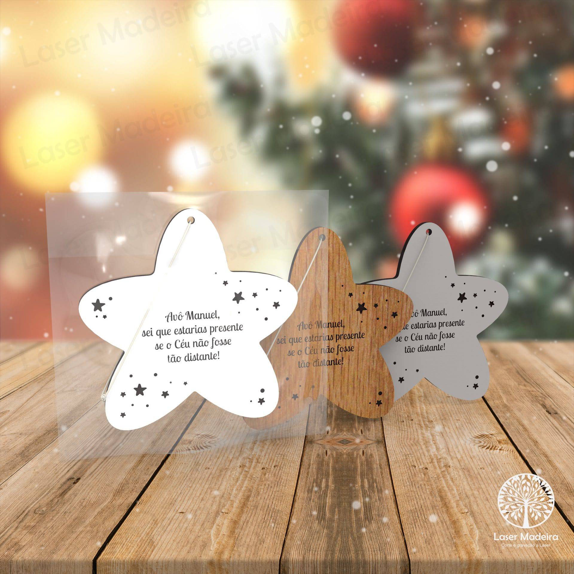 Estrela de Natal Personalizada com Mensagem / Nome - Laser Madeira
