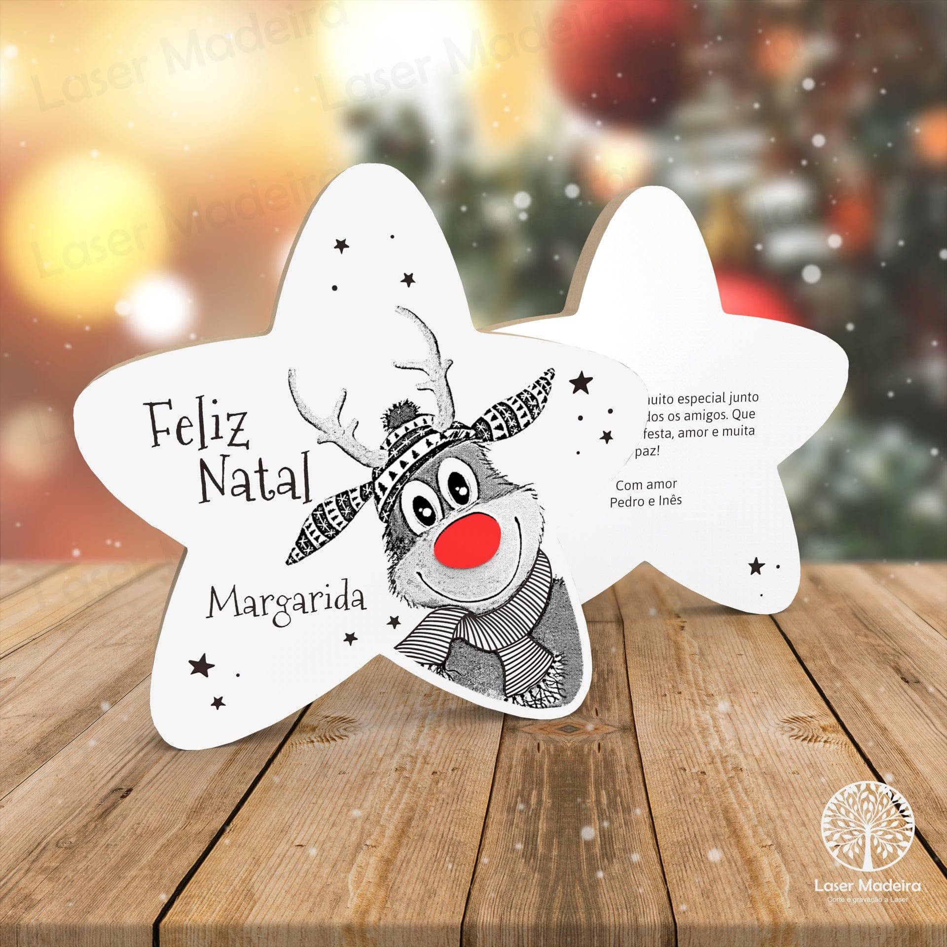 Estrela de Natal Personalizada com Rodolfo - Laser Madeira