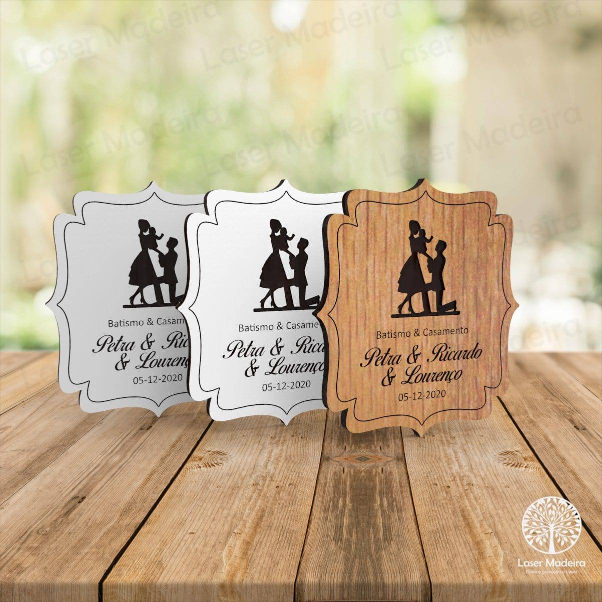 Lembrança de Casamento e Batismo - Casal e Bebé - Laser Madeira